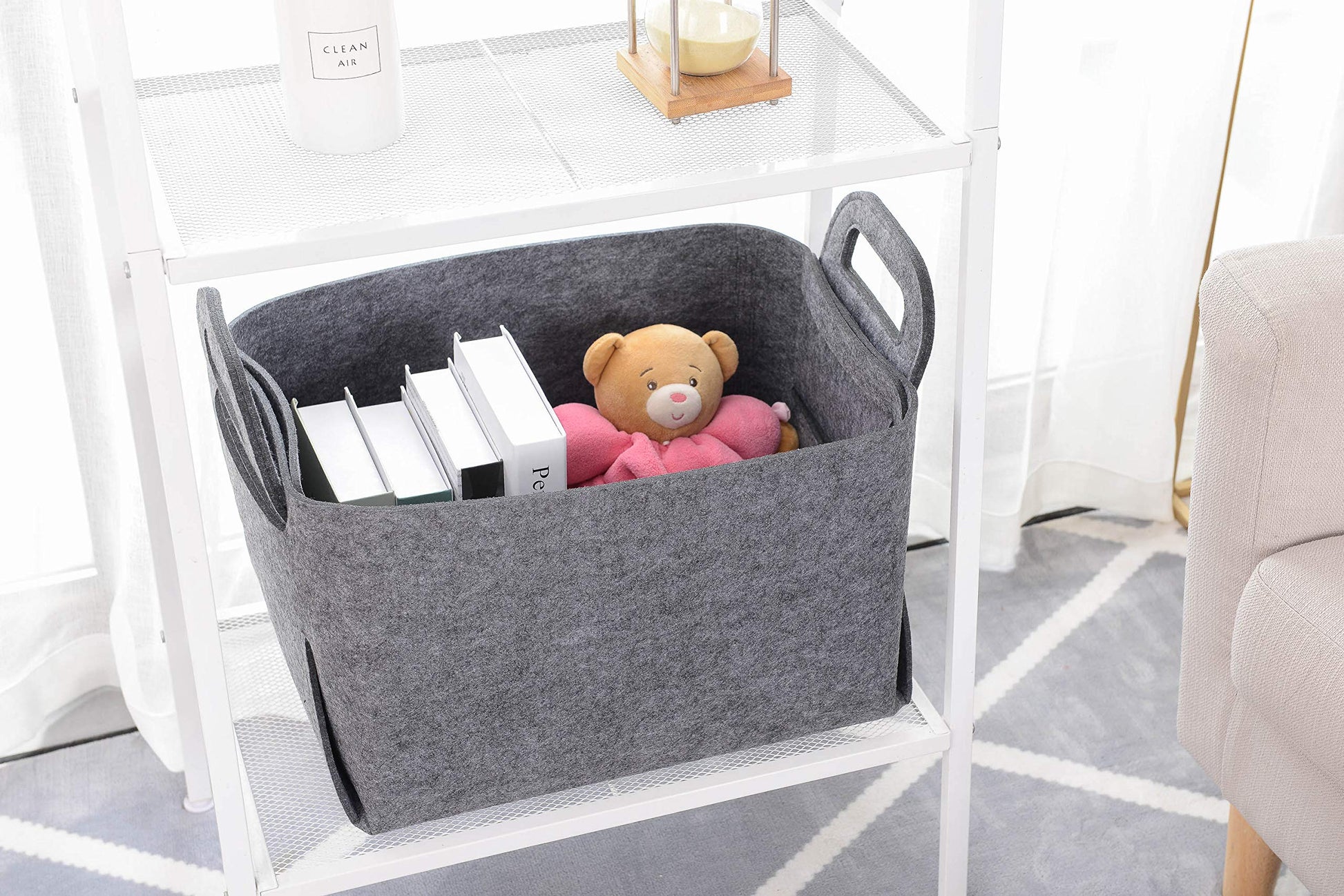 Minoisome - Cesta de almacenamiento de fieltro plegable y conveniente organizador de caja con asas de transporte para oficina, recámara, clóset, bebés, guardería, juguetes (gris, 15.7 pulgadas de