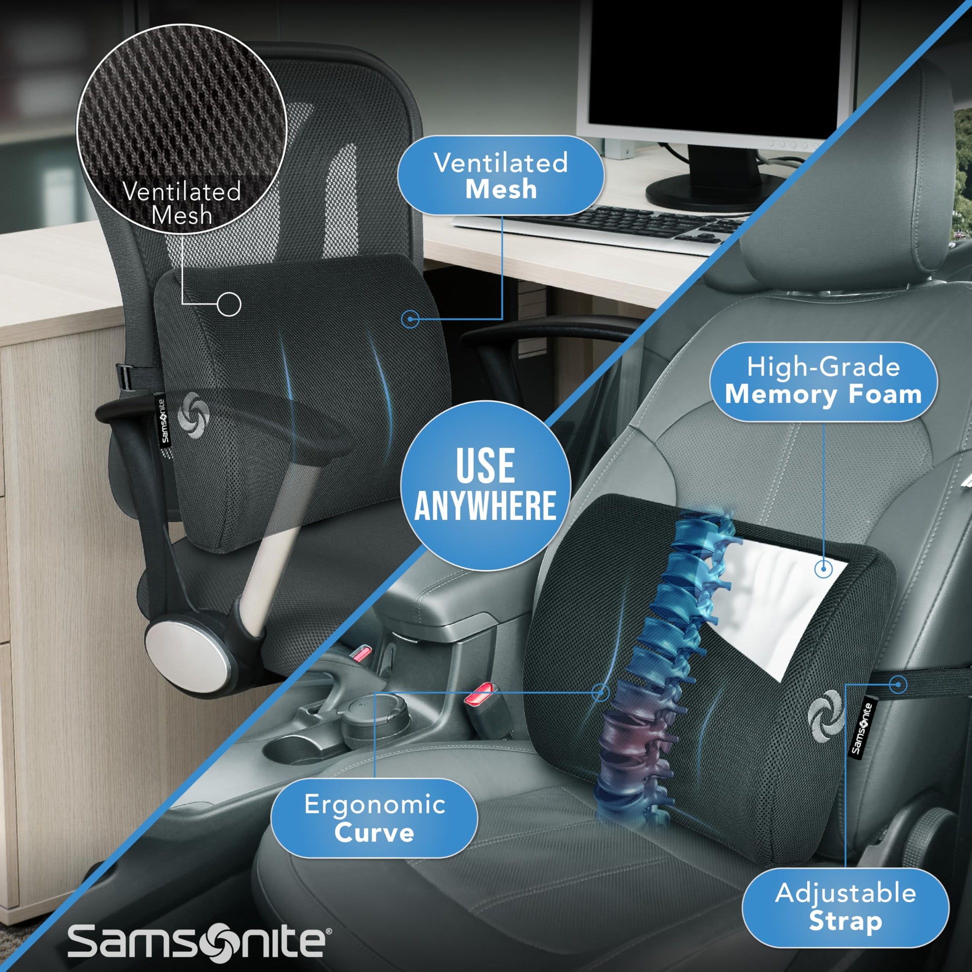 Almohada de Soporte Lumbar Samsonite Universal Espuma Viscoelástica Premium