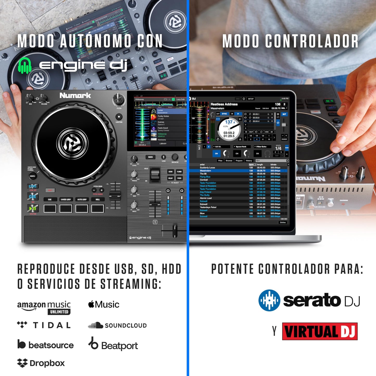 Controlador DJ Numark Mixstream Pro Go portátil con batería y pantalla táctil