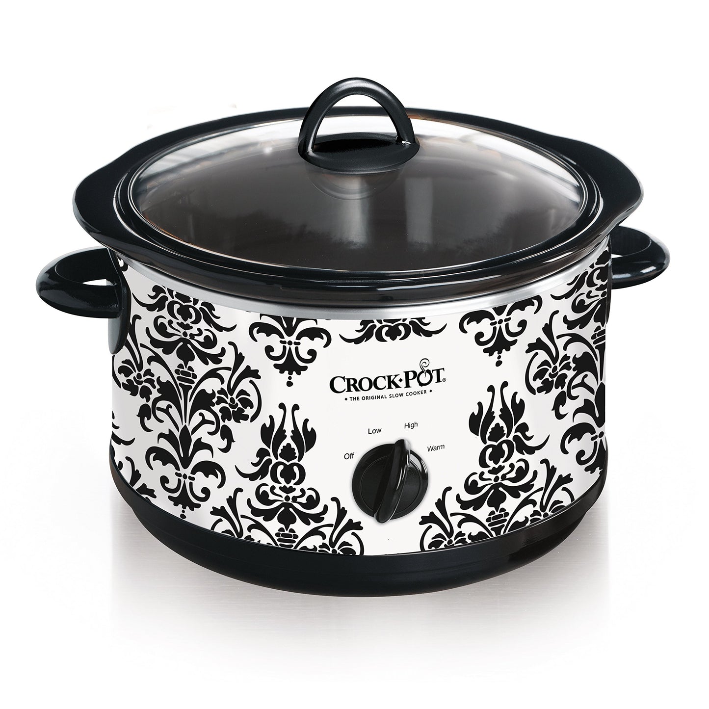 Crock Pot - Olla de cocción lenta manual, patrón de damasco, color blanco