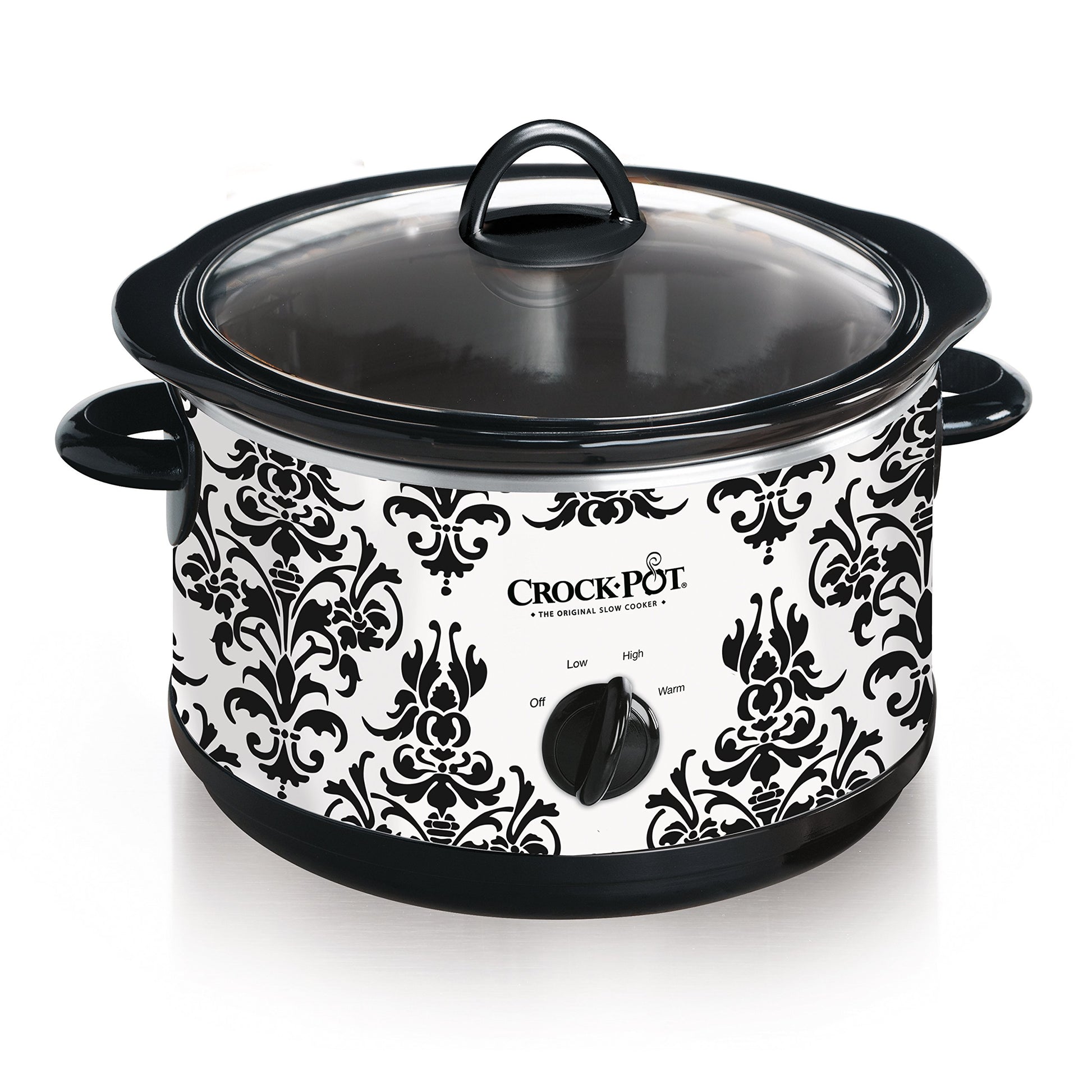 Crock Pot - Olla de cocción lenta manual, patrón de damasco, color blanco