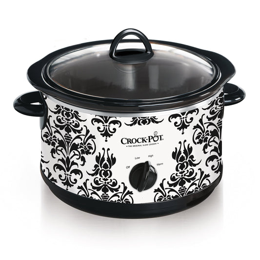 Crock Pot - Olla de cocción lenta manual, patrón de damasco, color blanco