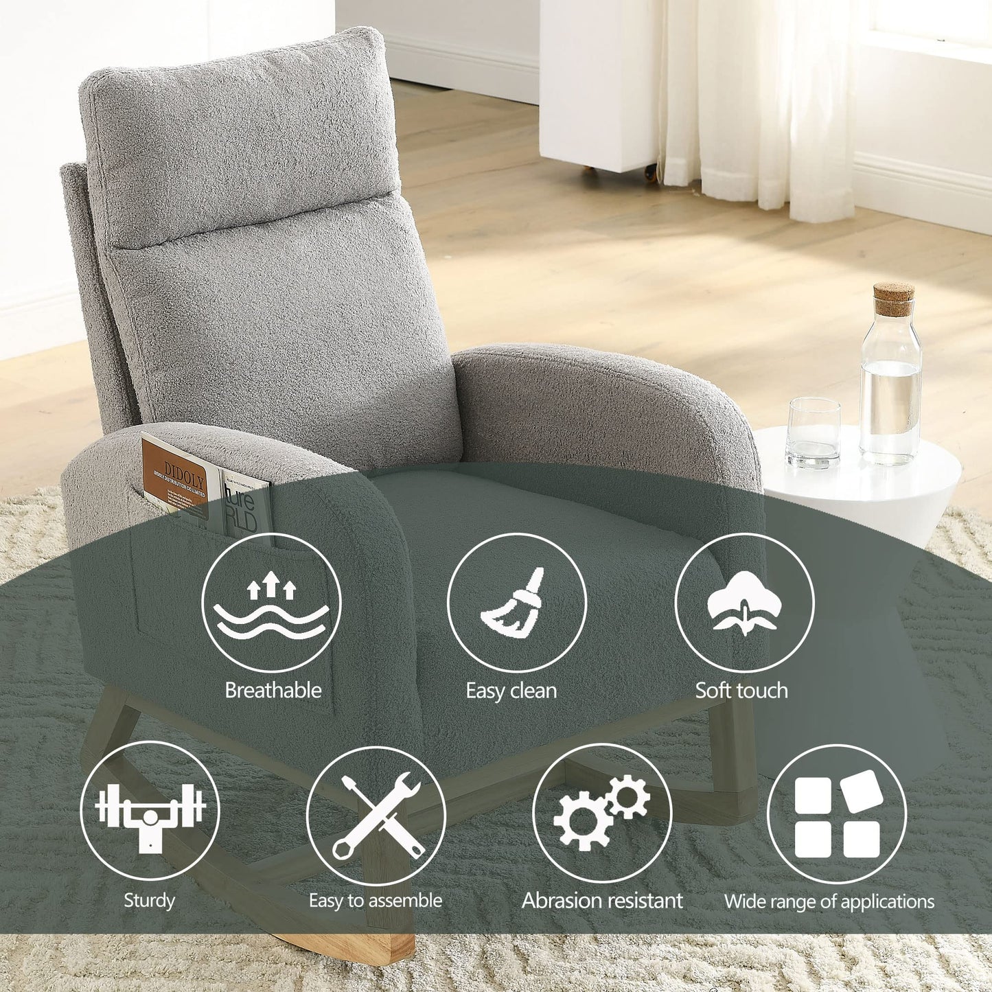 Krinana - Mecedora de guardería con patas de madera maciza, silla planeadora para guardería con dos bolsillos laterales, sillón basculante para sala de estar, recámara (gris, tela de peluche)