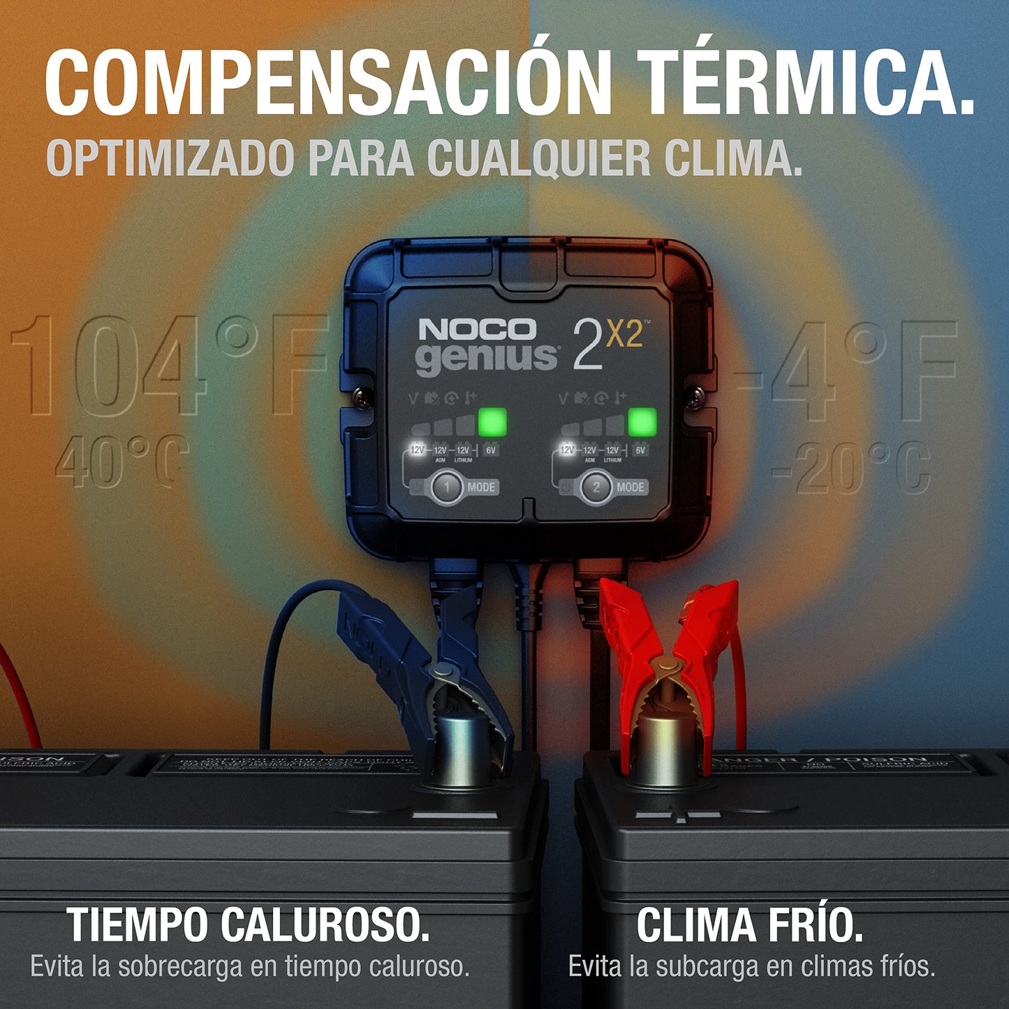 NOCO GENIUS2X2: Cargador Inteligente 6V/12V 4A de 2 Bancos (2A por Banco) – Mantenedor automático, Cargador Lento y desulfatador con protección contra sobrecarga – para baterías de Plomo y Litio