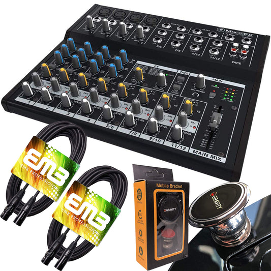 Mackie Mix12FX - Mezclador compacto de 12 canales con efectos con par de cable EMB XLR y soporte magnético para teléfono