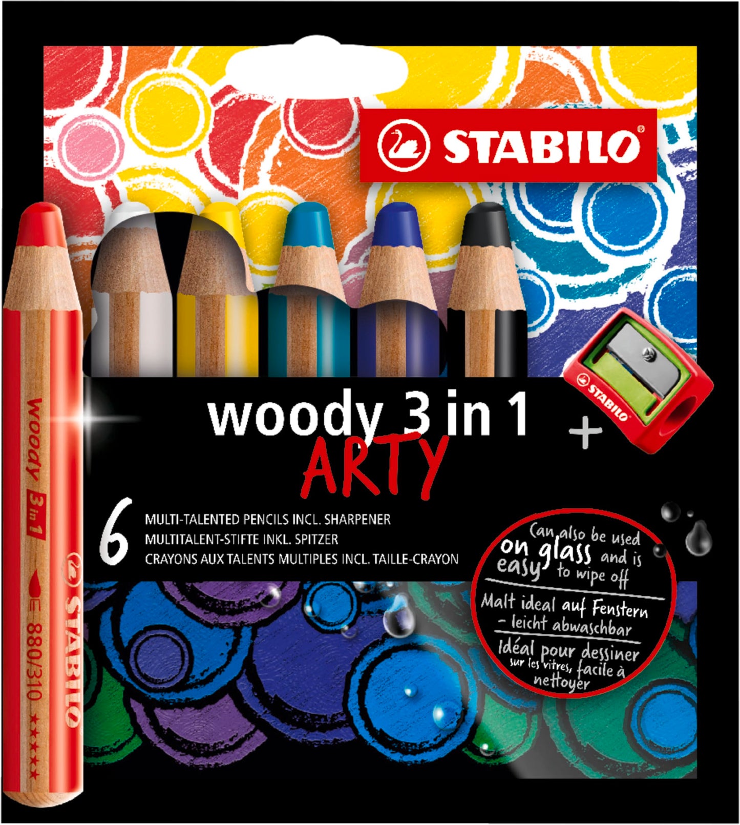 STABILO woody ARTY, 3 en 1, estuche con 6 colores y sacapuntas