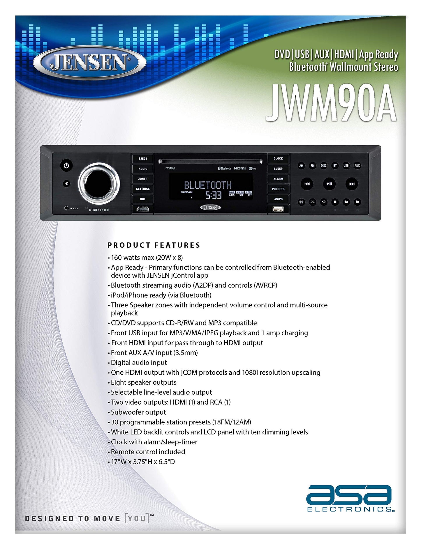 Jensen JWM90A Slimline 3-Zone Source Theater-Style Bluetooth Wallmount Stereo con control de aplicación, DVD/CD-R/RW(Reacondicionado)
