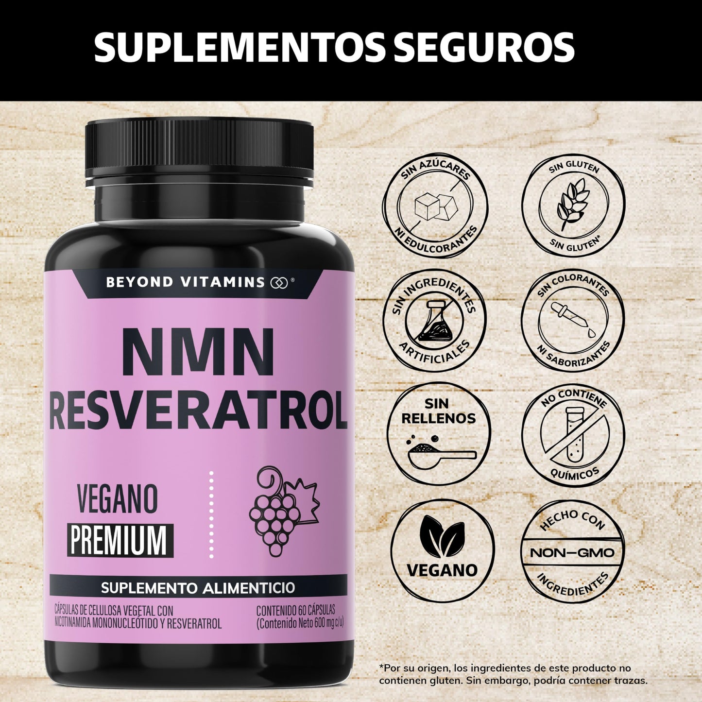 Cápsulas Veganas Beyond Vitamins NMN y Resveratrol Premium Blend 99% para Producción de NAD+ 60 vcaps