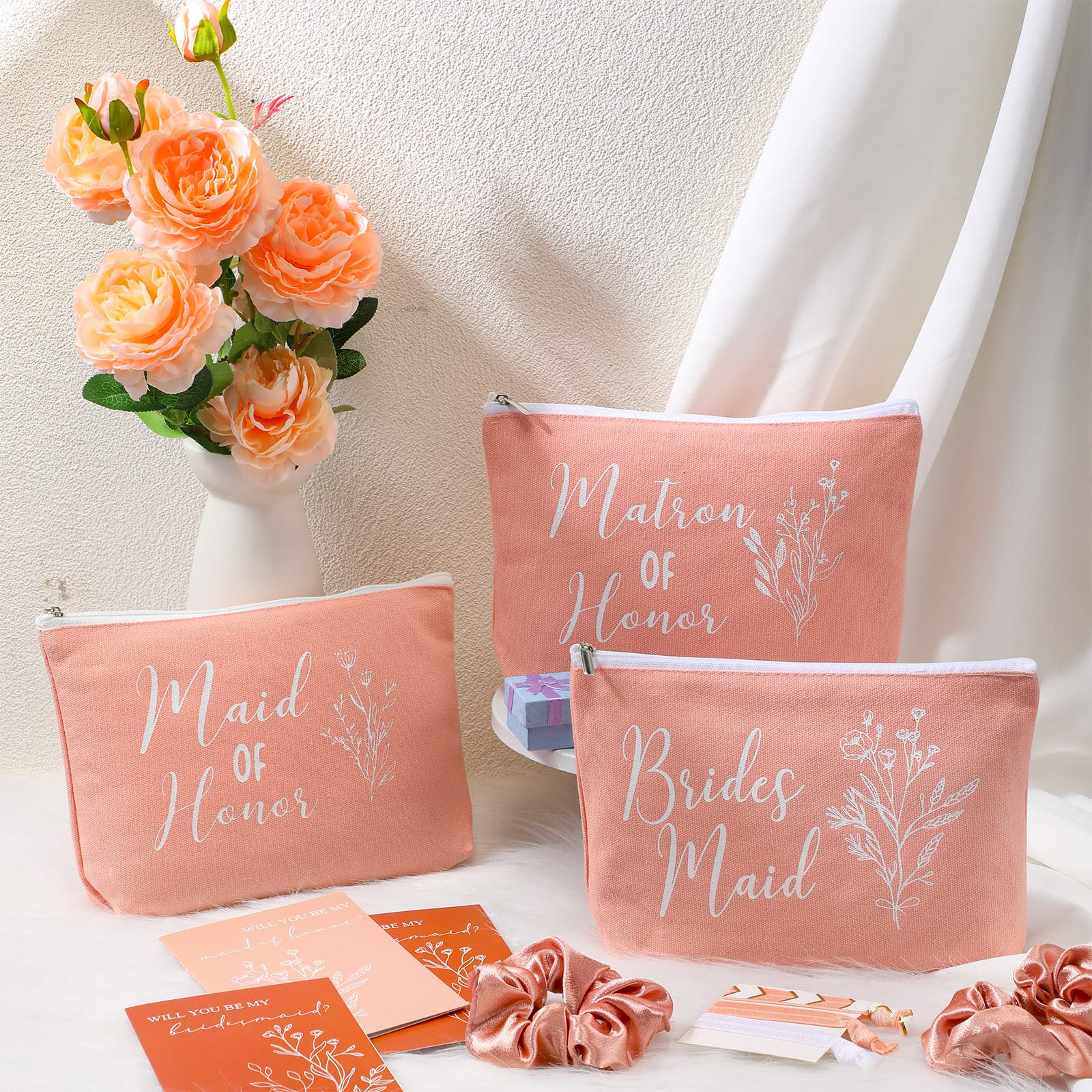 Cunno 48 Regalos de Dama de Honor Matron Maid Of Honor Bridesmaid para Propuesta Boda Bolsa de Maquillaje de Despedida de Soltera Coletero de Cabello Pulsera Anudada Tarjeta Invitación (Rosa Rosado)