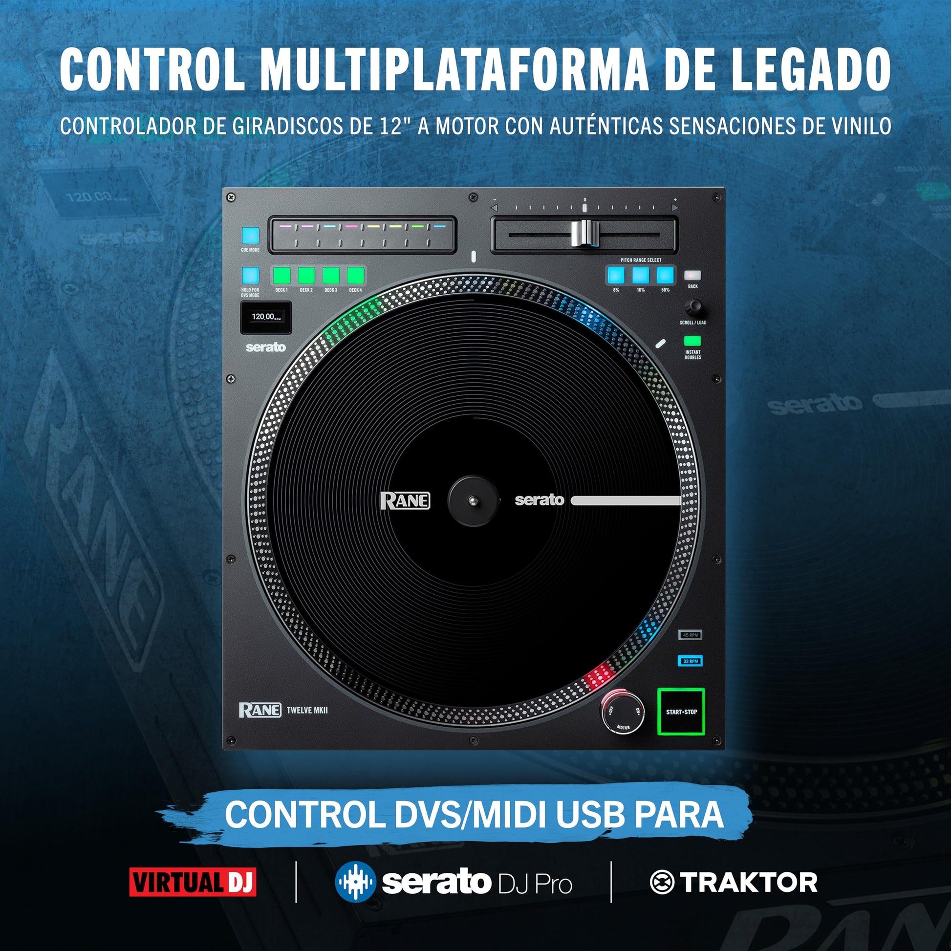 Tocadiscos DJ Rane Twelve MKII Negro con Plato Motorizado y Control USB MIDI para Traktor, Virtual DJ y Serato DJ