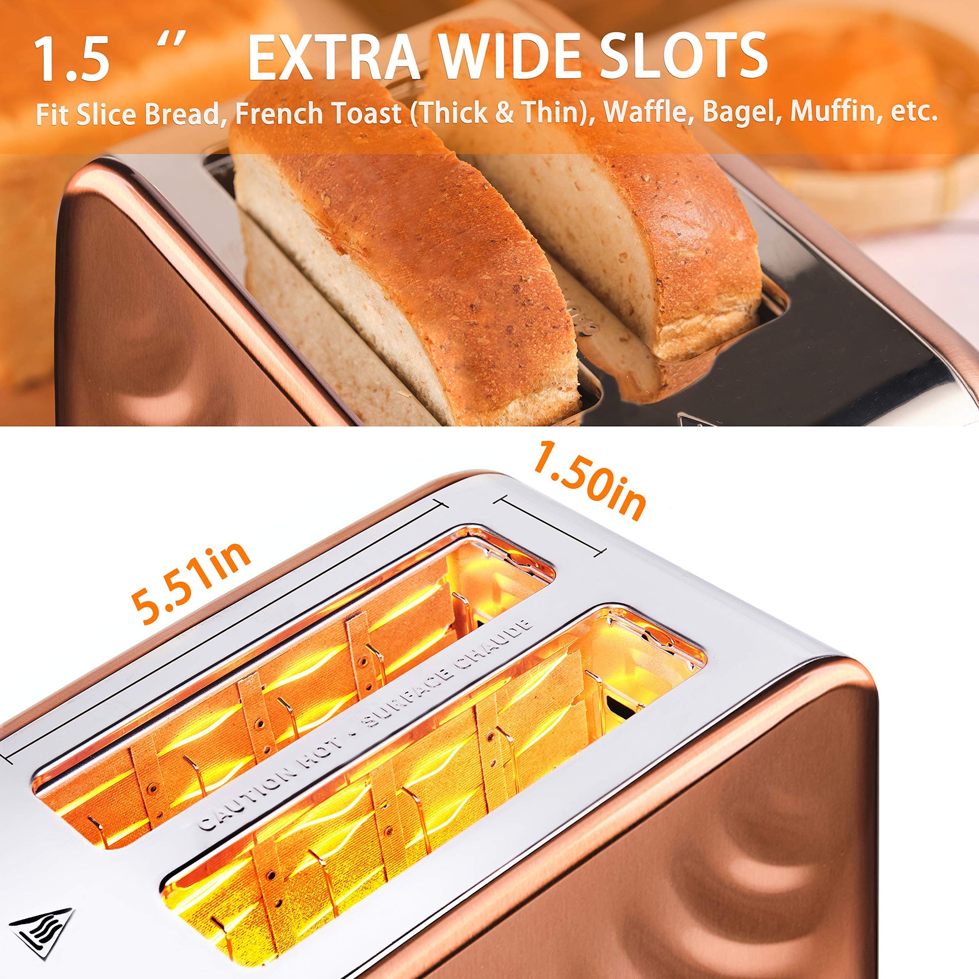 tostador Cotomier de 2 rebanadas, tostador retro de acero inoxidable color blanco crema con función de cancelación de bagel de descongelación y 6 ajustes de sombra (oro rosa)