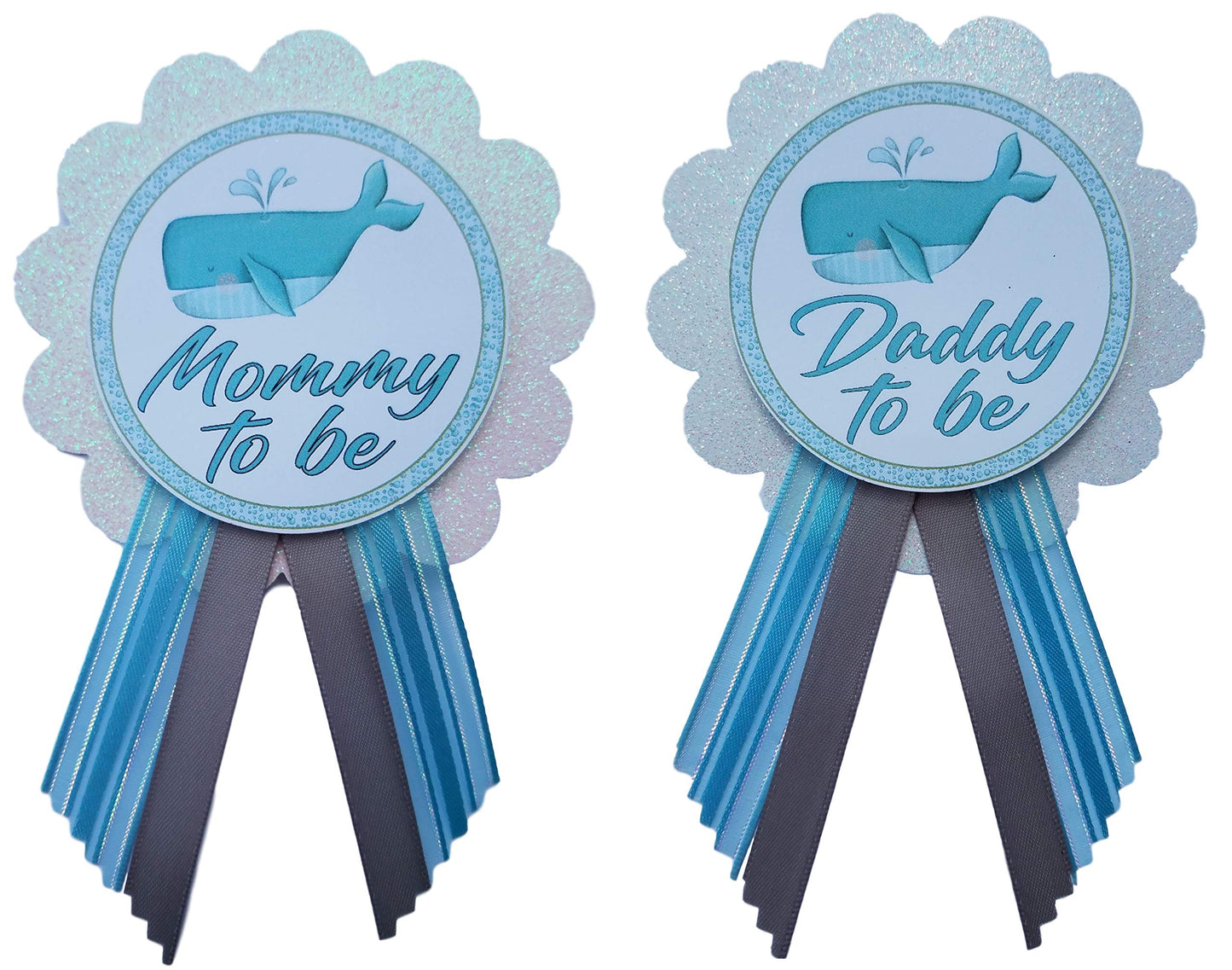 2 Mommy & Daddy to Be Pin Whale Ocean Baby Shower It's a Boy for parents to wear, Blue & White Sprinkle, Una talla, Cartulina cartulina cintas de satén, No es una piedra preciosa