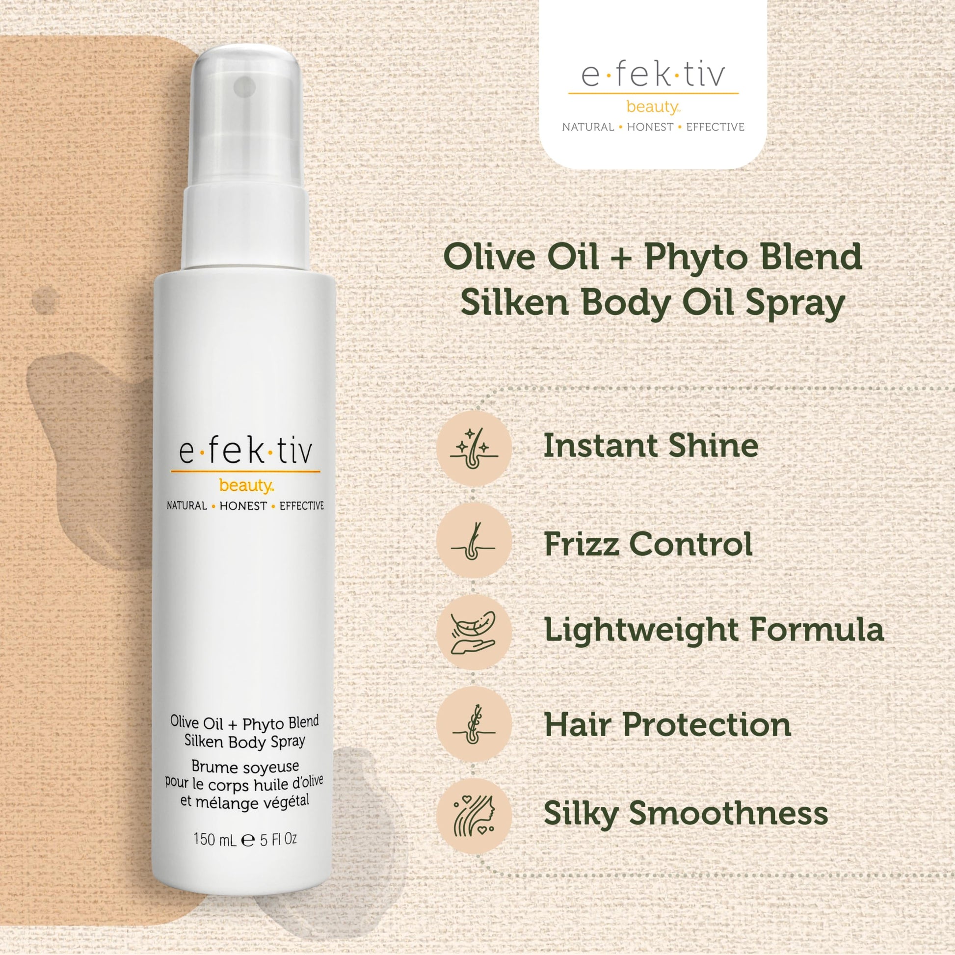 e.fek.tiv beauty Spray de Aceite de Oliva + Mezcla de Fitosistemas para el Cuerpo - Bruma Hidratante - Tratamiento de la Piel Seca - Aceite de Hidratación Intensa - Libre de Crueldad - 148 ml