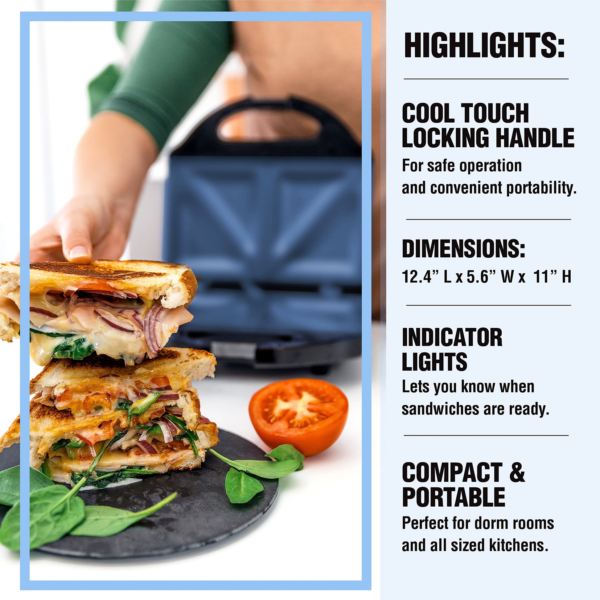 Granitestone Sandwichera, tostador y parrilla eléctrica Panini con superficie mineral ultra antiadherente, hace 2 sándwiches en minutos prácticamente sin limpieza, con bordes de corte fácil y luces