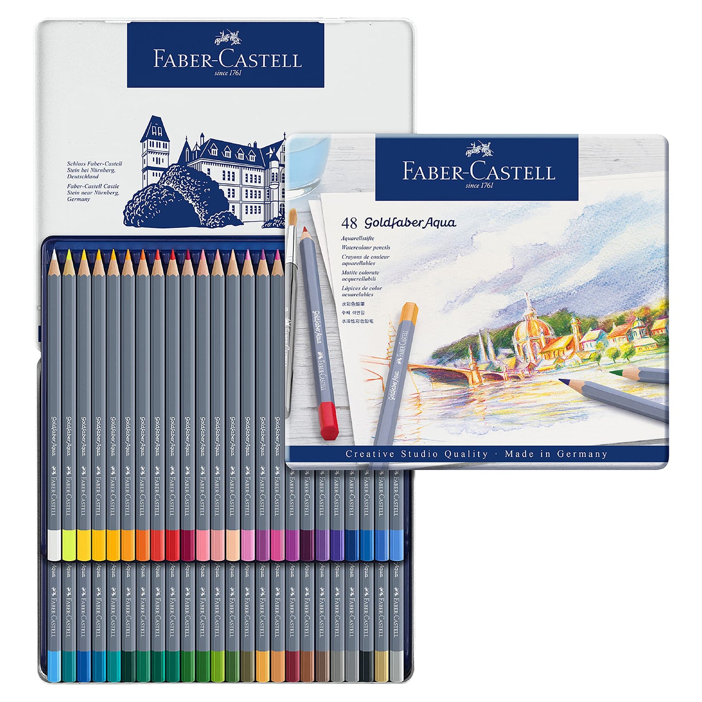 Faber-Castell Colores Goldfaber Acuarelables Para Arte con 48 Distintos Colores, estos lápices acuarelables permiten crear dibujos detallados como efectos acuarelados teniendo una experiencia creativa