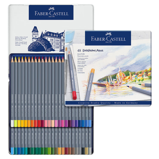 Faber-Castell Colores Goldfaber Acuarelables Para Arte con 48 Distintos Colores, estos lápices acuarelables permiten crear dibujos detallados como efectos acuarelados teniendo una experiencia creativa