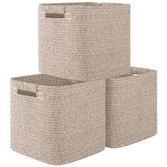 OIAHOMY - Cubos de almacenamiento de 27.9 cm, paquete de 3, cestas tejidas de cuerda de algodón para organizar, cestas cuadradas de almacenamiento para estantes, aula, contenedores de juguetes