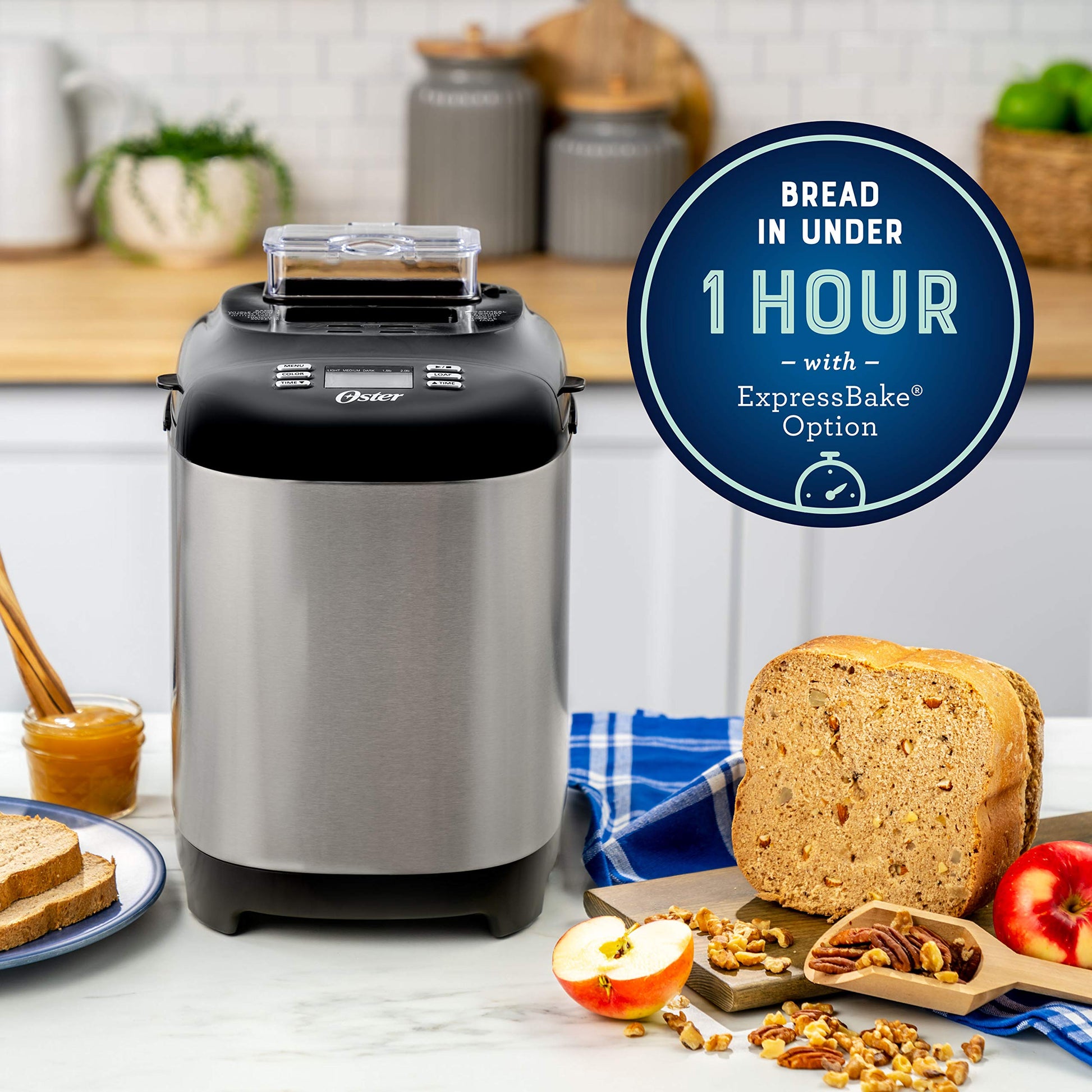 Oster - Máquina para hacer pan con ExpressBake, capacidad de 2 libras, color gris