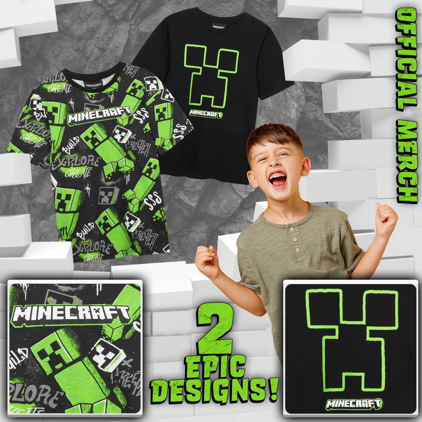 Get Trend Camisetas de manga corta para niños de Minecraft, tops de verano con cuello redondo, camisetas estampadas, paquete de 2, regalos para gamers de Creeper, de 5 a 14 años (5-6 años, paquete de