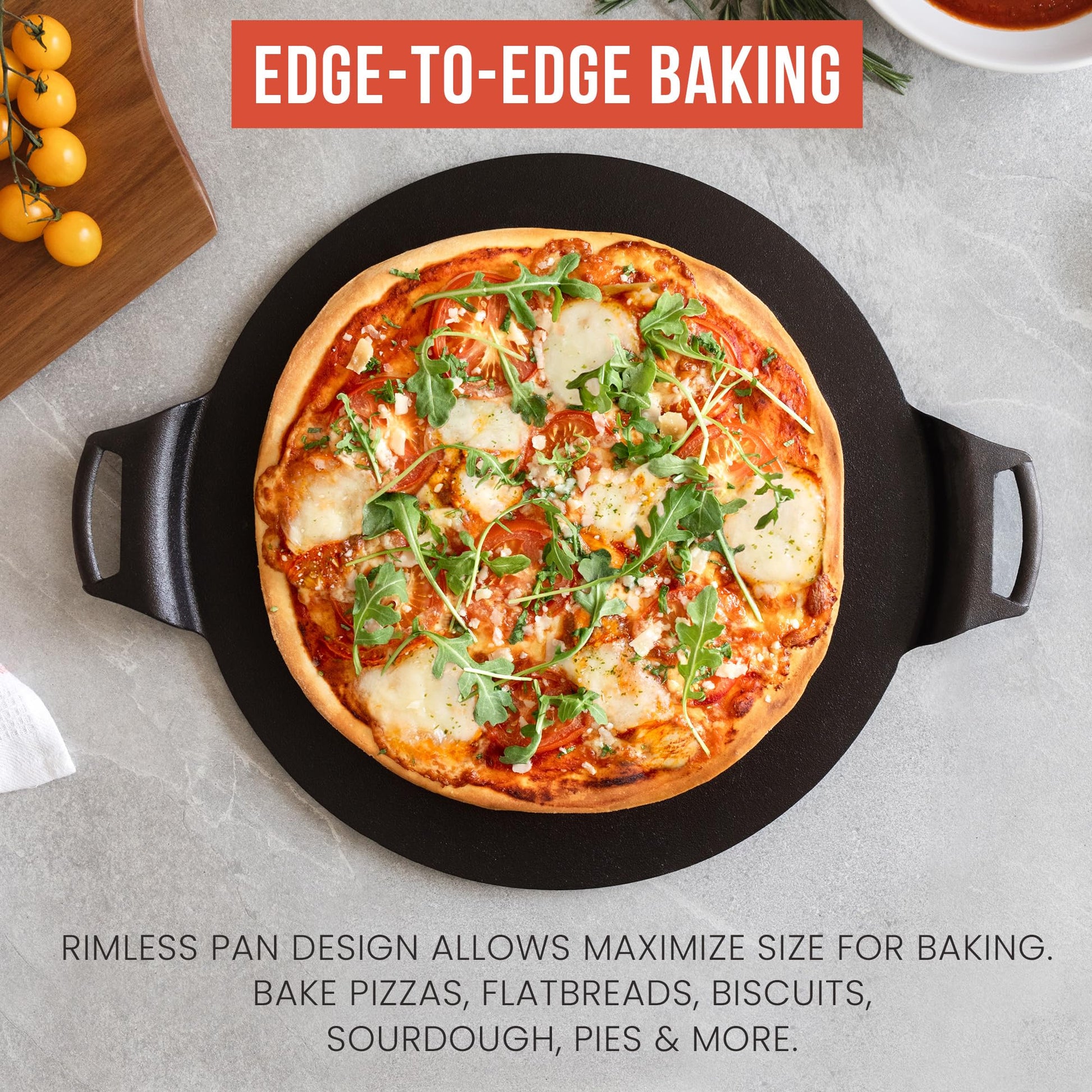 Chef Pomodoro Sartén para pizza de hierro fundido, con asas precondimentadas, bandeja para hornear, parrilla redonda para dosas, tawa roti, comal para tortillas, horno de pan (de 38 centímetros)