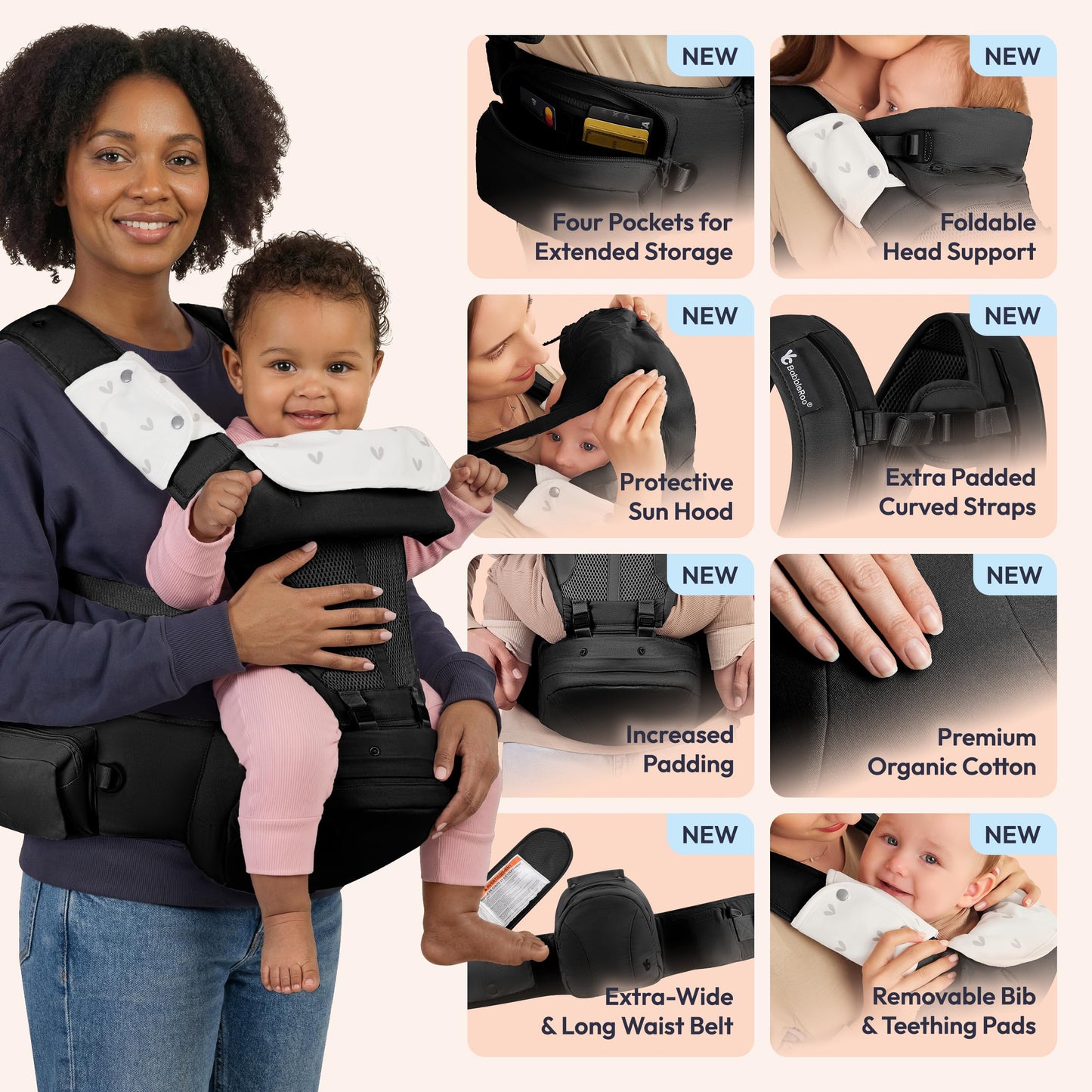 BabbleRoo Grow Plus Portabebés – Portabebés de algodón orgánico certificado de seguridad con asiento de cadera desmontable, amplio almacenamiento, hebilla magnética, bolsa de almacenamiento, comodidad