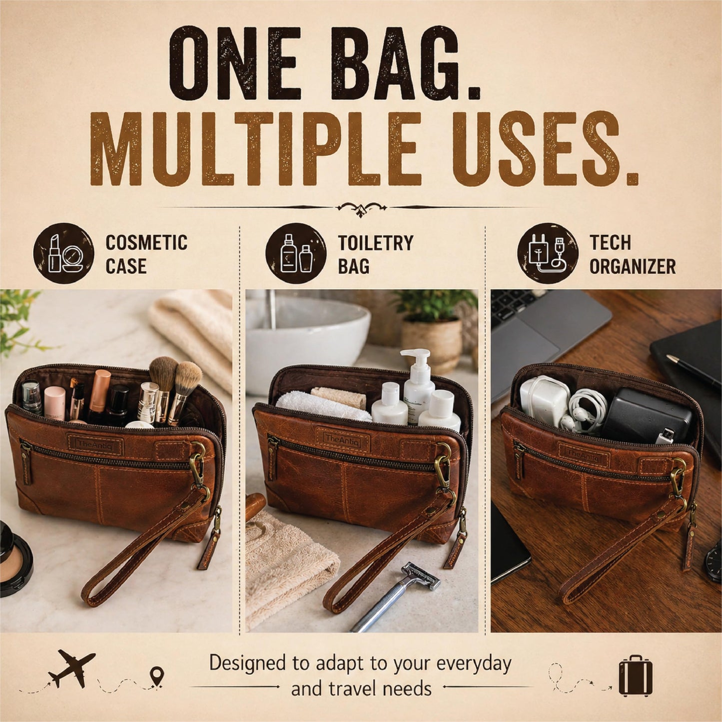 TheAntiq Bolsa de maquillaje de piel auténtica, organizador de viaje, color café