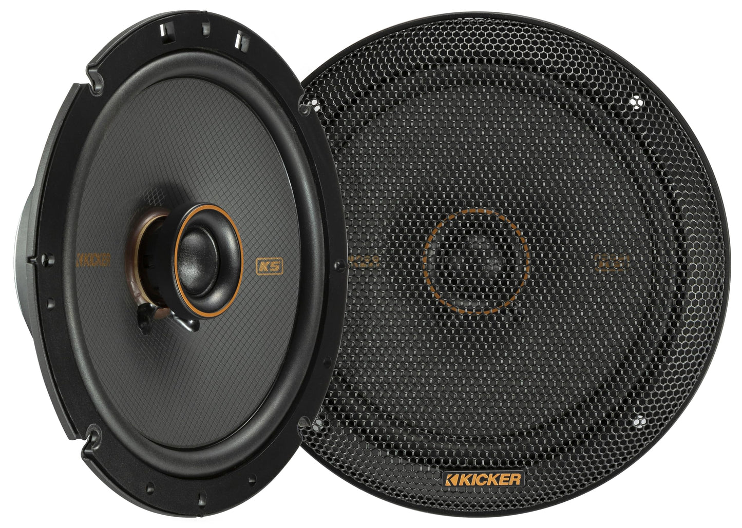 Sistema de altavoces coaxiales KICKER 51KSC6704, diseño de 2 vías, un (1) par, woofer/rango medio de polipropileno de 6.75 pulgadas (165 mm), tweeters de cúpula de seda de 3/4 pulgadas (20 mm), 100