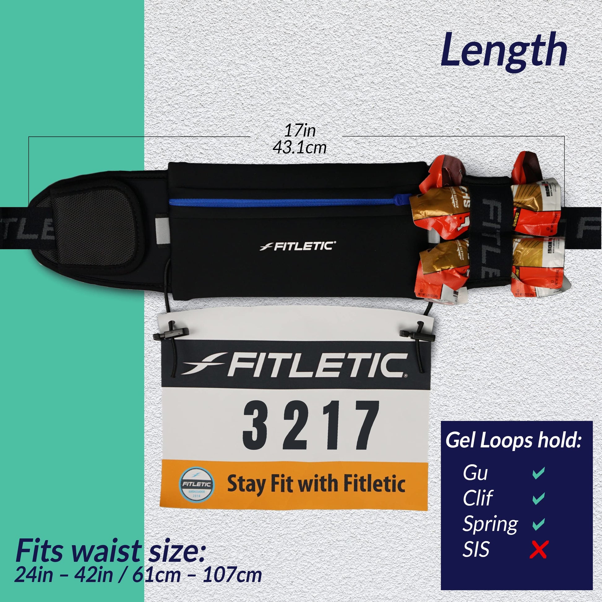 Fitletic cinturón de Running | Libre de Rebote Funda para Marathon único, triatlón, Ironman, Resistencia, Ciclismo, Trail, 10 K, 5 K | Patentado Ultimate II Race Cinturón, Negro/Azul, Talla única