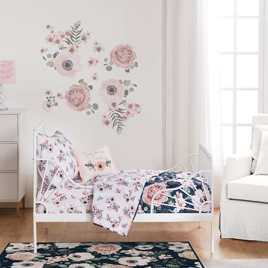 Levtex Baby - Juego de cama Fiori para niños pequeños - Negro, rubor, rosa, blanco - Floral atrevido - Juego de 5 piezas que incluye edredón reversible, sábana bajera, sábana encimera, funda de almohada, pila decorativa