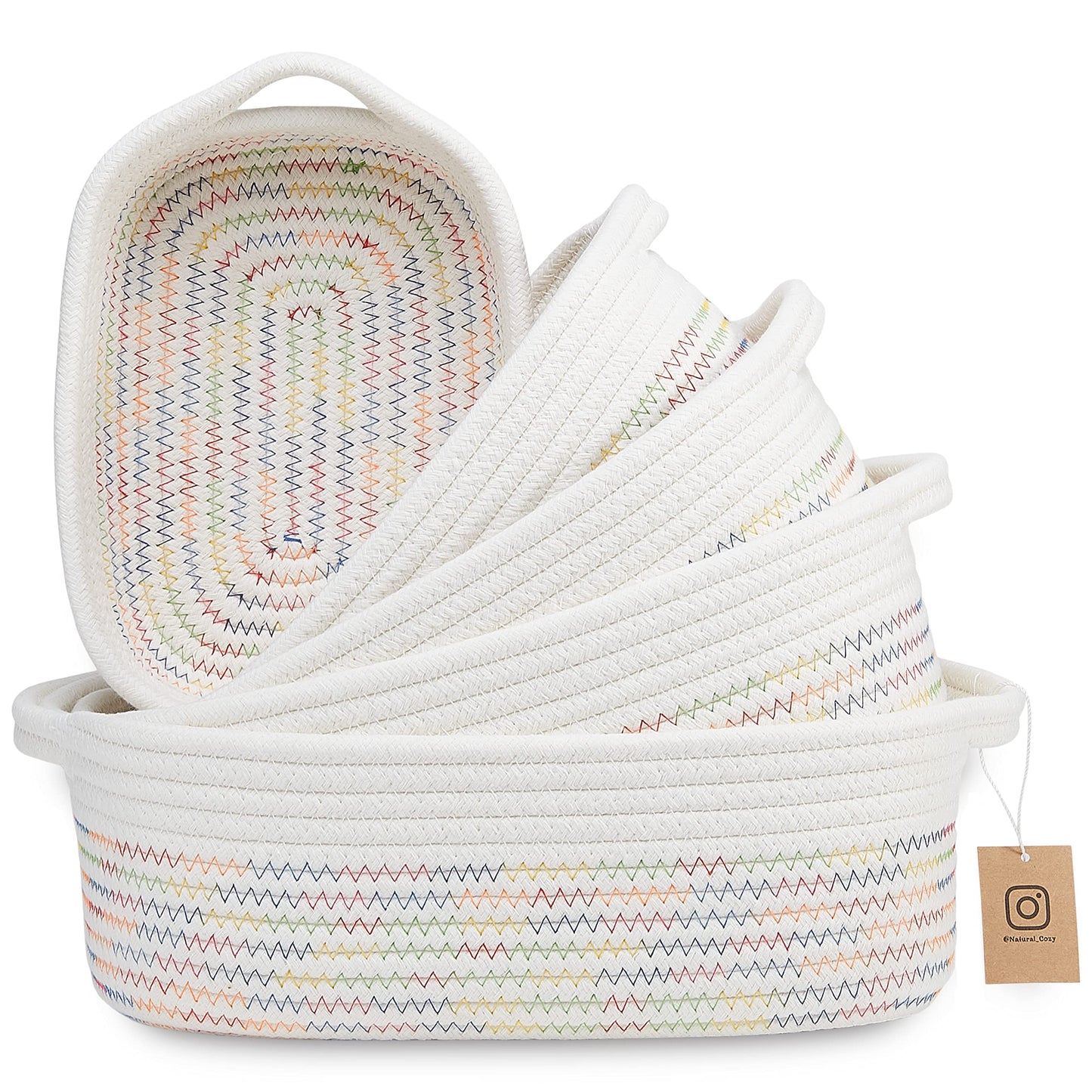 NaturalCozy - Juego de cestas de almacenamiento rectangulares de 5 piezas, canastas tejidas de cuerda de algodón natural para organizar Cesta pequeña para Montessori, guardería de bebé, cestas de juguete para perros, caja de juguetes para gatos, contenedo