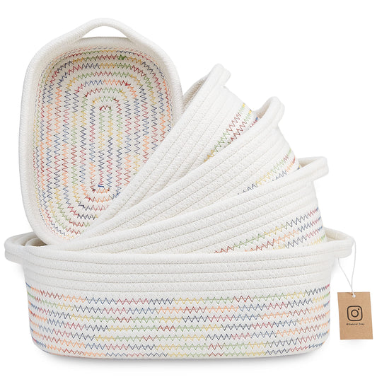 NaturalCozy - Juego de cestas de almacenamiento rectangulares de 5 piezas, canastas tejidas de cuerda de algodón natural para organizar Cesta pequeña para Montessori, guardería de bebé, cestas de juguete para perros, caja de juguetes para gatos, contenedo