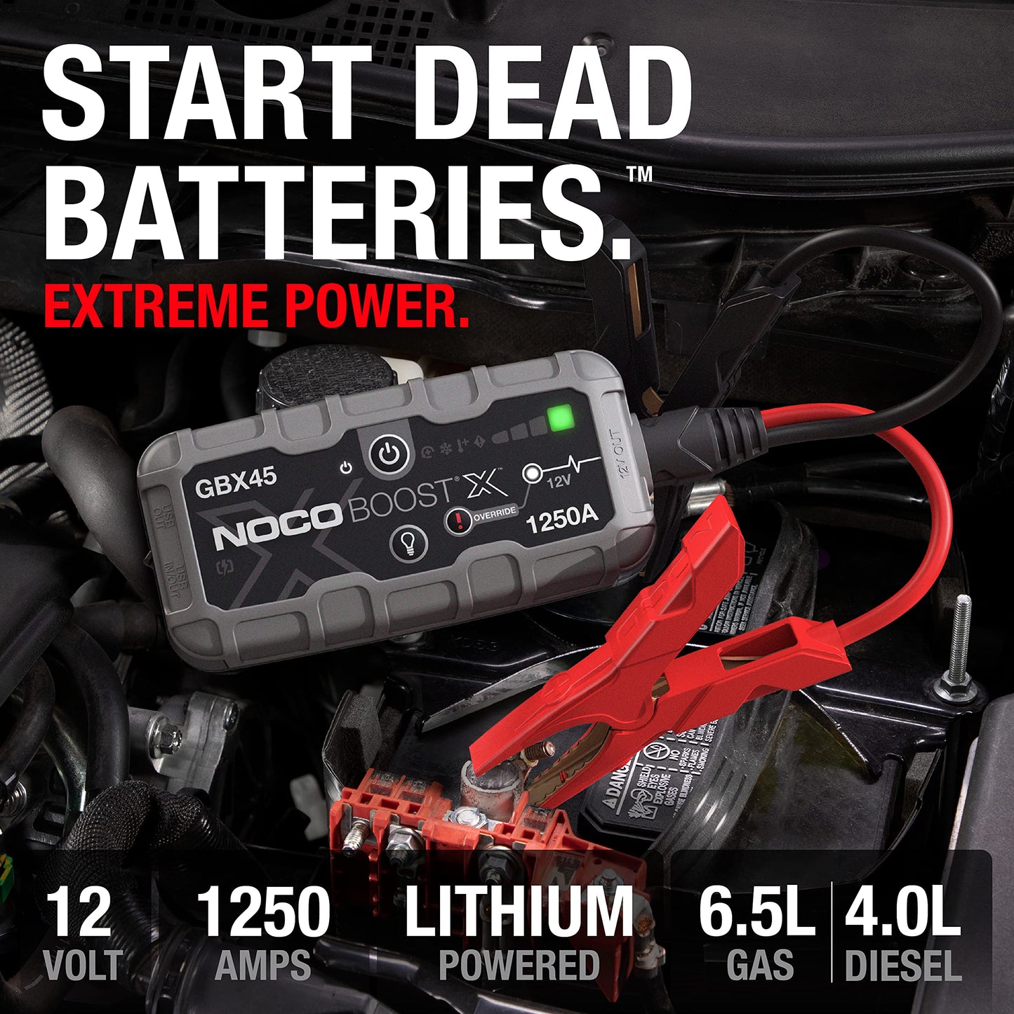 NOCO Boost X GBX45: Arrancador de batería de Auto 1250A – Booster de Litio portátil 12V, Power Bank y Cables para Pasar Corriente – para Motores de Gasolina hasta 6.5L y diésel hasta 4.0L