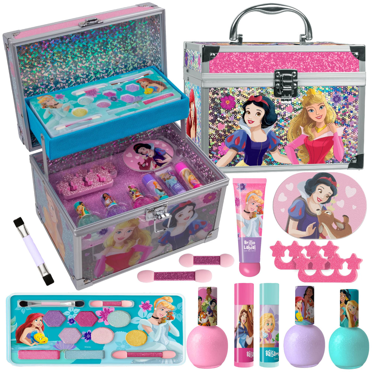 MAKEUPERIA Estuche de Maquillaje Infantil con Diseño Princesas, Maletín Metálico con Espejo, Sombras, Brillos, Esmaltes, Lima, Separadores, Pinceles y Bandeja, Maquillaje Lavable y Seguro para Niñas