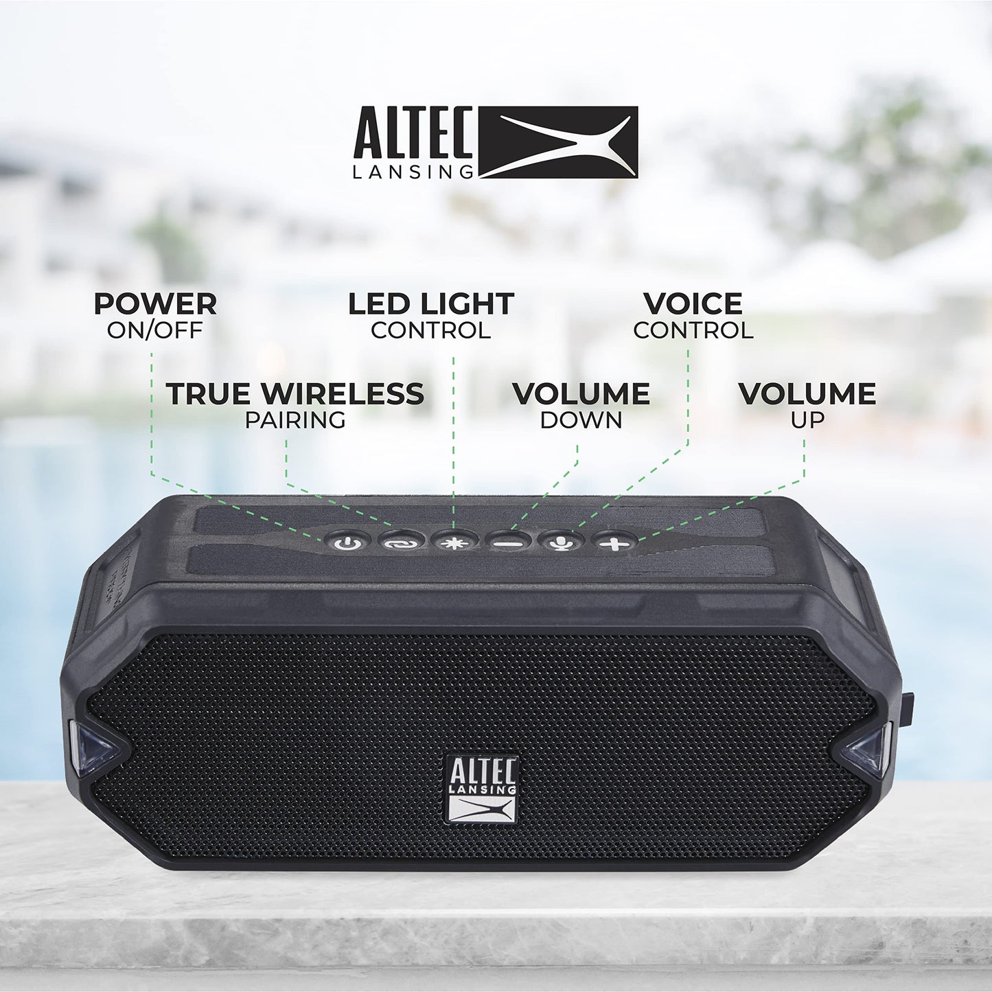 Altec Lansing - Altavoz Bluetooth inalámbrico HydraJolt, altavoces portátiles impermeables con cargador de teléfono integrado y luces, a prueba de todo al aire última intervensión, a prueba de golpes,