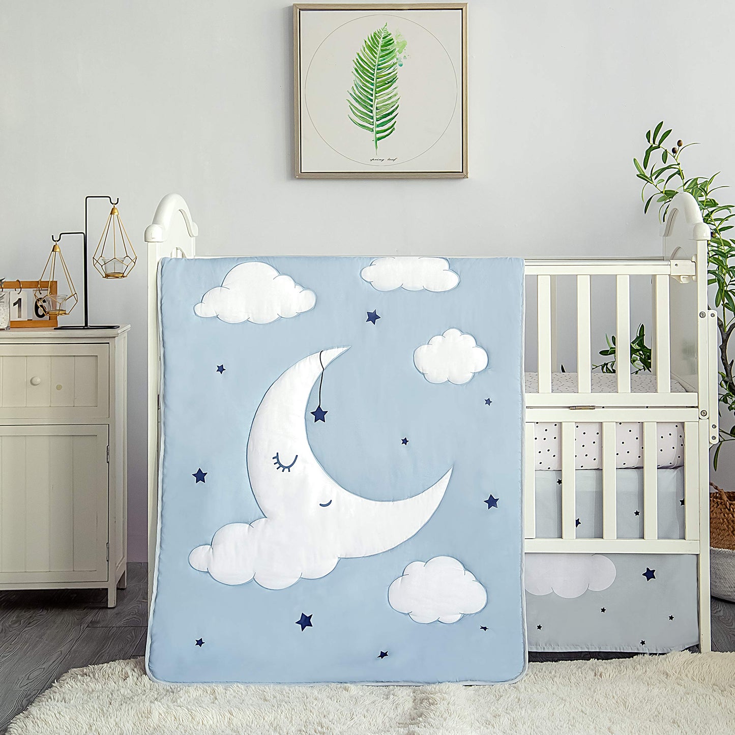 La Premura Sleeping Moon - Juego de ropa de cama para cuna de bebé, 3 piezas, tamaño estándar, color azul y gris