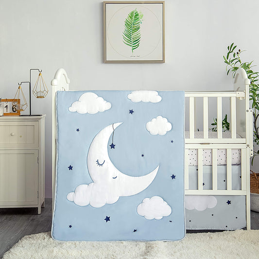 La Premura Sleeping Moon - Juego de ropa de cama para cuna de bebé, 3 piezas, tamaño estándar, color azul y gris