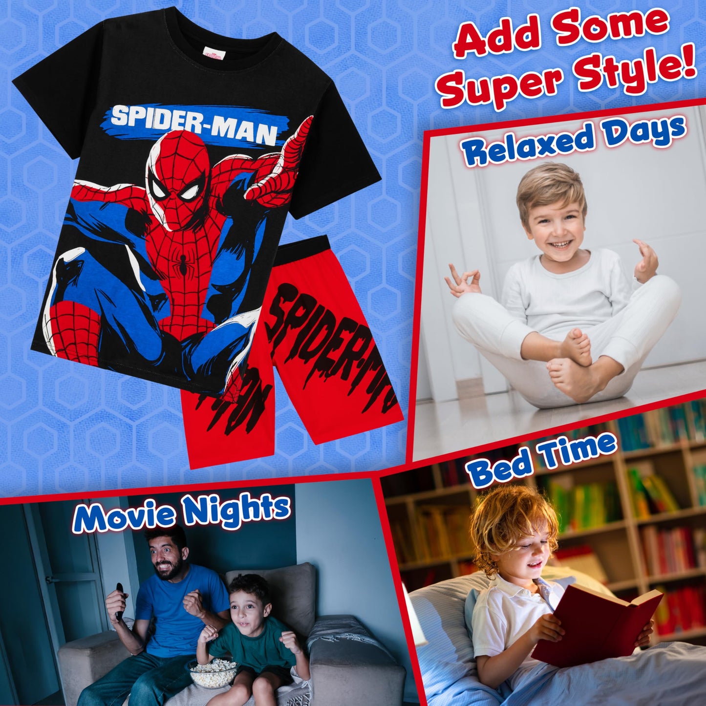 Marvel Conjunto de camiseta y pantalón corto de Spiderman para niños. Conjunto cómodo de 2 piezas para estar en casa (5-6 años, negro/rojo).