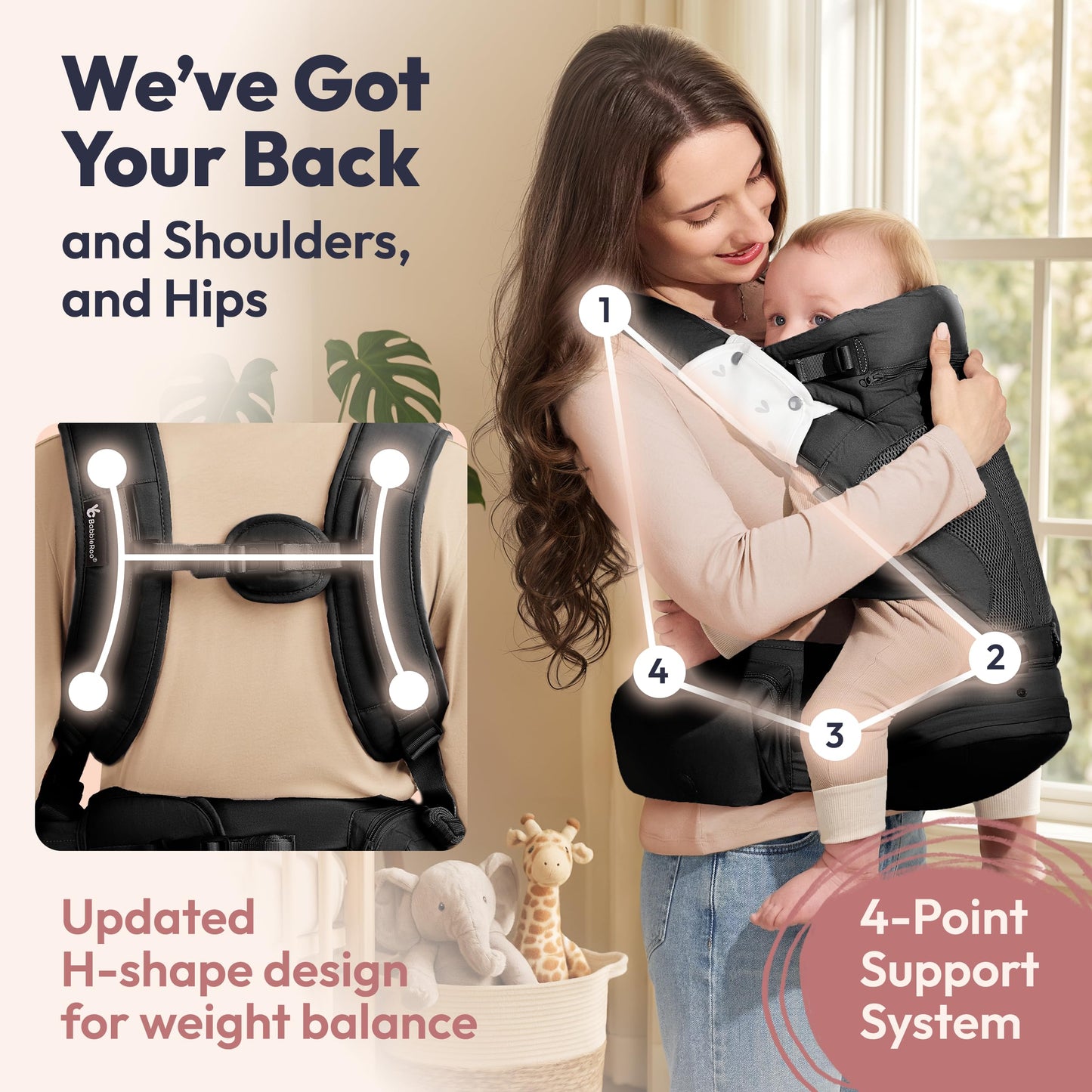 BabbleRoo Grow Plus Portabebés – Portabebés de algodón orgánico certificado de seguridad con asiento de cadera desmontable, amplio almacenamiento, hebilla magnética, bolsa de almacenamiento, comodidad