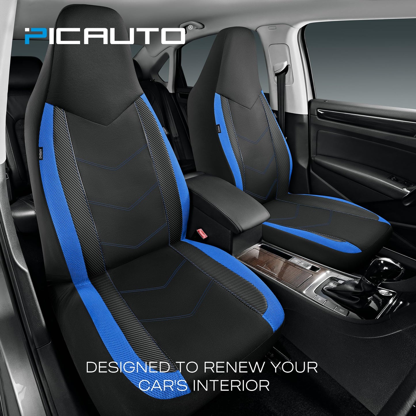 PIC AUTO - Fundas de Asiento Delantero de Coche con Respaldo Alto, diseño de Malla de Fibra de Carbono, Ajuste Universal, Compatible con airbag (Azul)