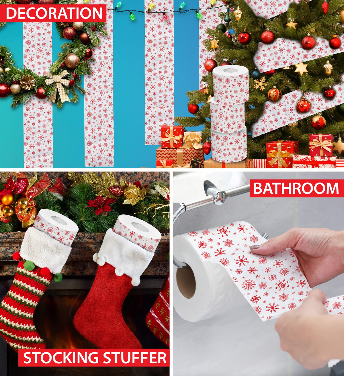 Papel Higiénico Impreso Printed TP Copos de Nieve Rojos Navidad Decoración Divertida