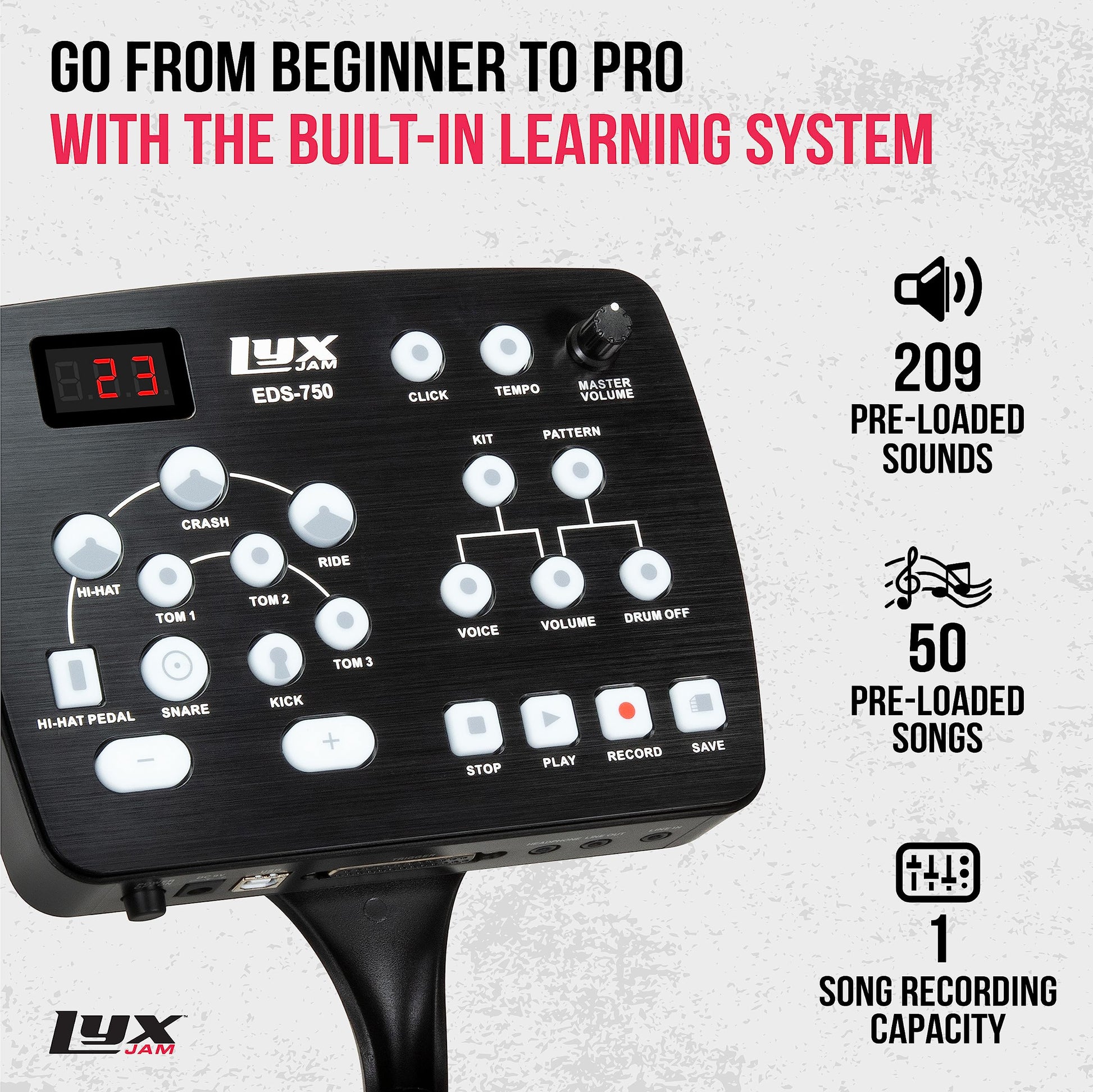 LyxJam - Kit de batería electrónica de 7 piezas, juego de batería profesional con tela de malla real, 209 sonidos precargados, 50 canciones de reproducción largas, capacidad de grabación, platillos y