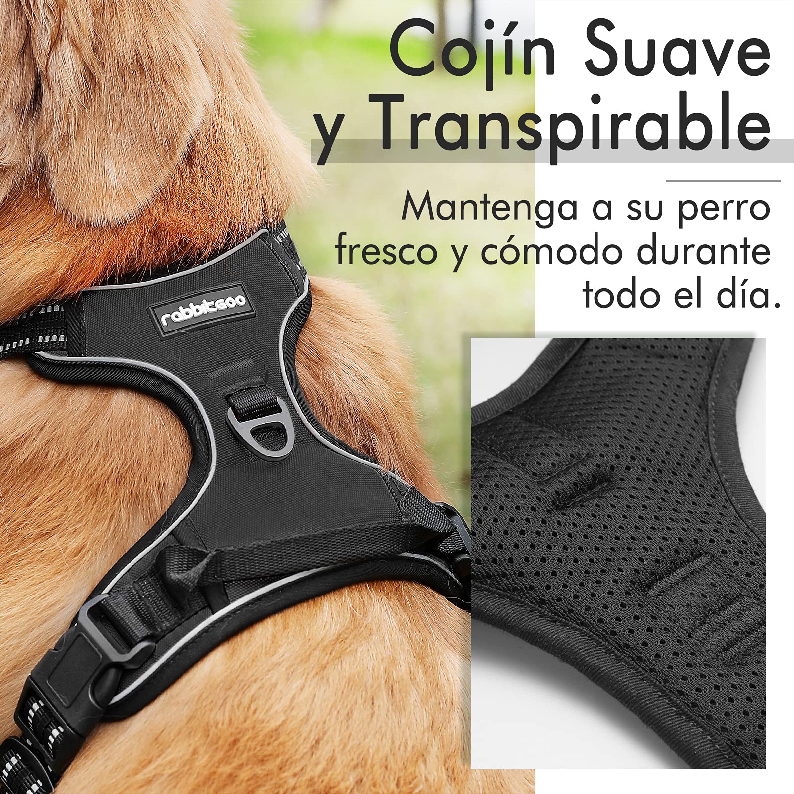 Arnés para Perro Rabbitgoo Negro XL con Líneas Reflectantes y Chaleco Acolchado Ajustable