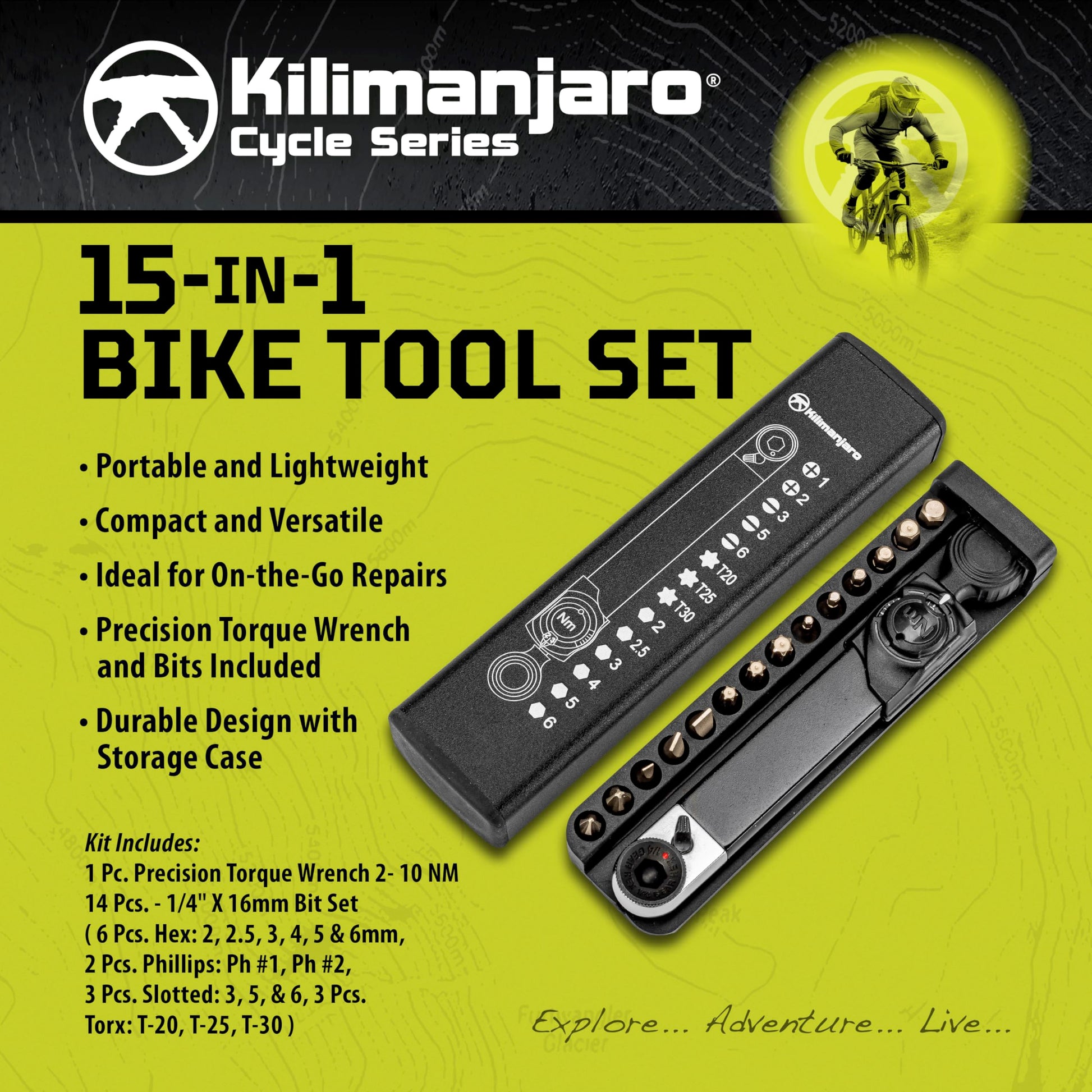 Herramienta para Bicicleta Kilimanjaro Cycle Series 15 en 1 Llave Dinamométrica de Precisión y Brocas Estuche de Almacenamiento