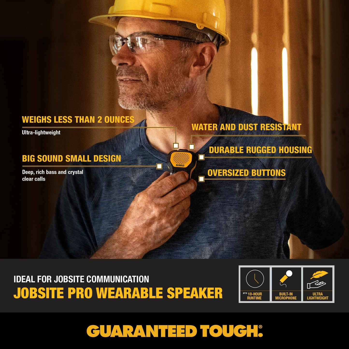 DEWALT - Bocina portátil inalámbrica Bluetooth (versión actualizada) con clip Jobsite Pro, resistente al agua, no magnético, micrófono incorporado para música y llamadas con manos libres