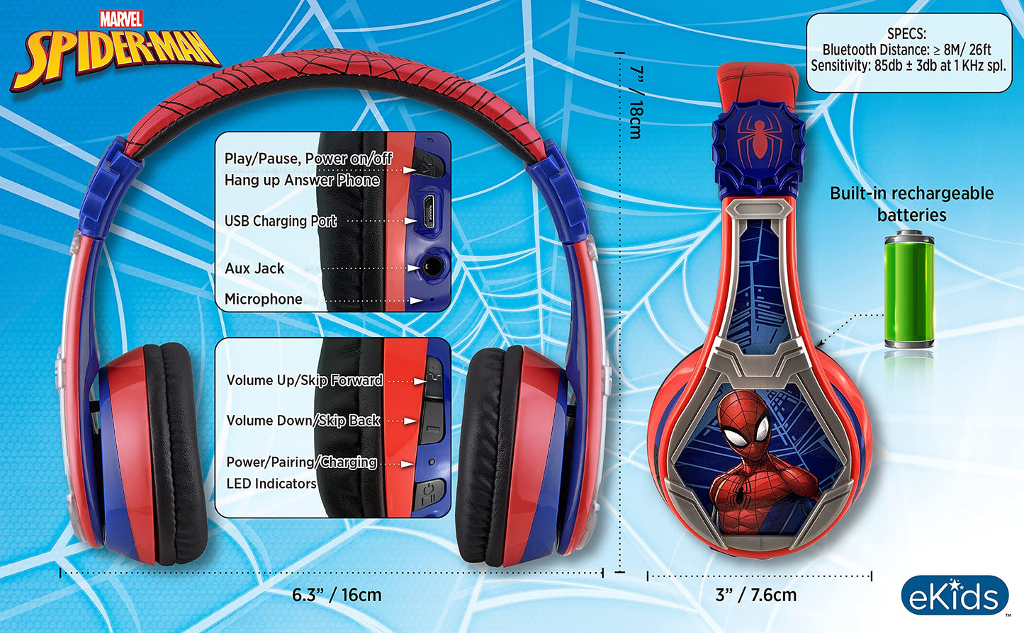 eKids Spiderman - Auriculares inalámbricos Bluetooth portátiles para niños con micrófono, volumen reducido para proteger la audición, batería recargable, diadema ajustable para niños, para escuela, hogar o viajes