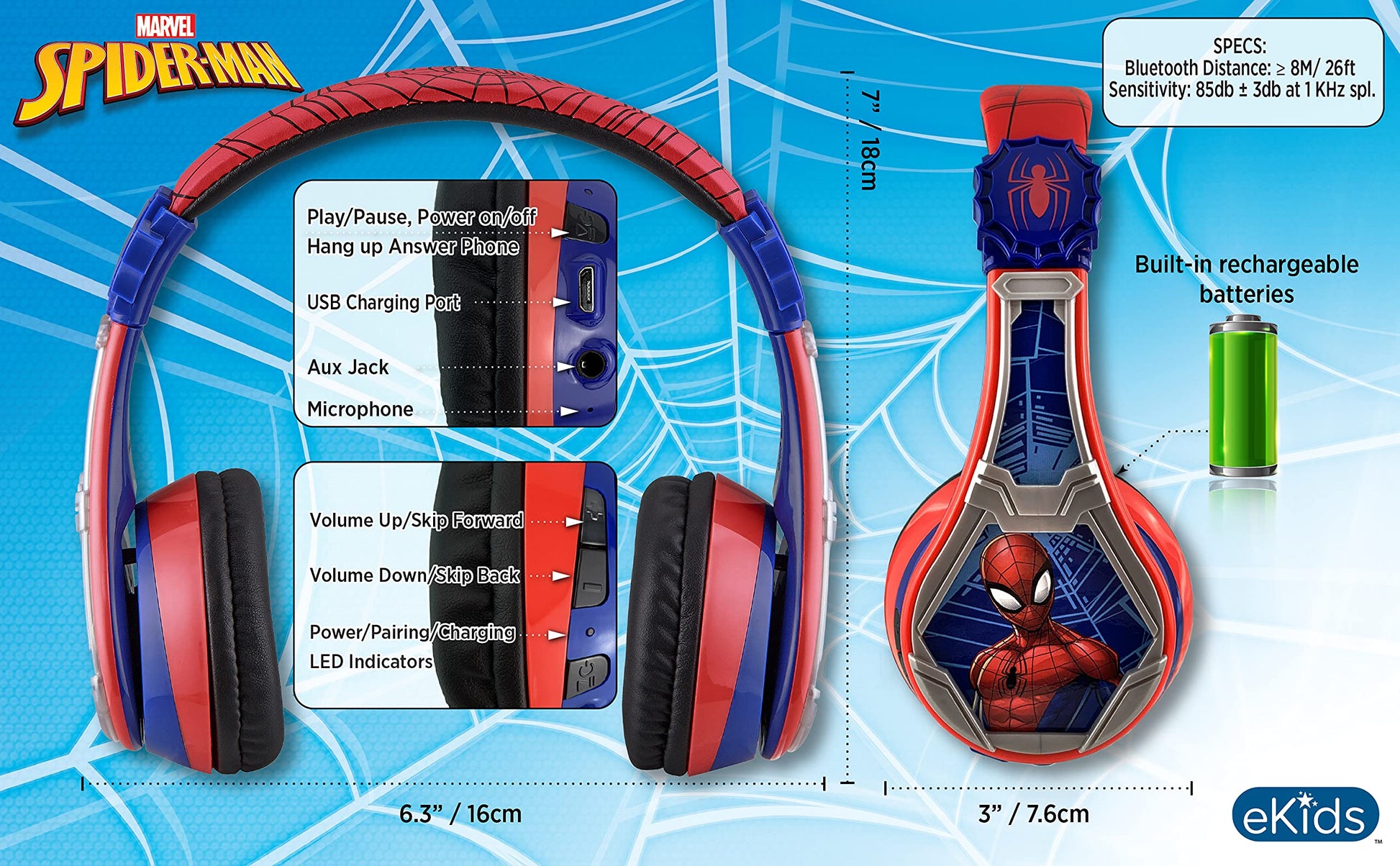 eKids Spiderman - Auriculares inalámbricos Bluetooth portátiles para niños con micrófono, volumen reducido para proteger la audición, batería recargable, diadema ajustable para niños, para escuela, hogar o viajes