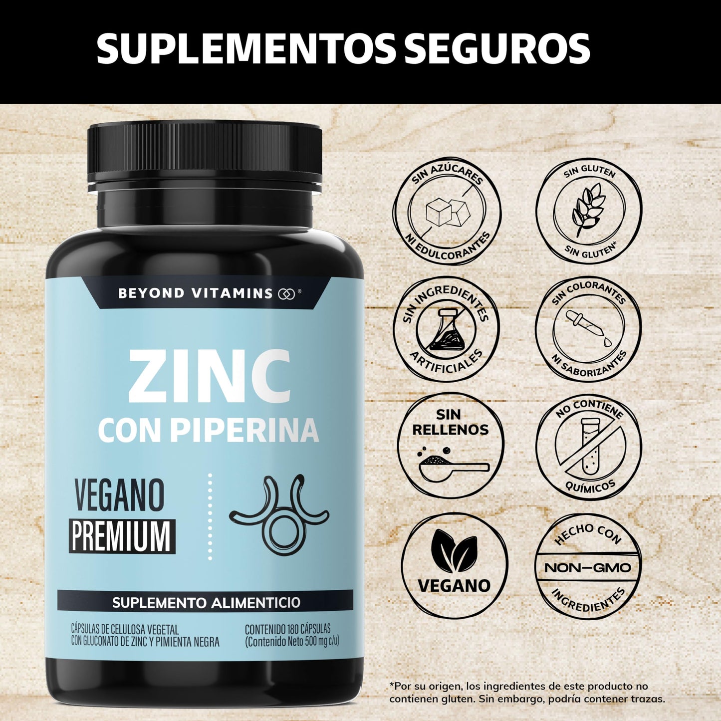Beyond Vitamins | Zinc 20mg (Gluconato de Zinc) Potenciado con Piperina Estandarizada al 95%, Apto para dietas Veganas, Premium (180 Cápsulas)