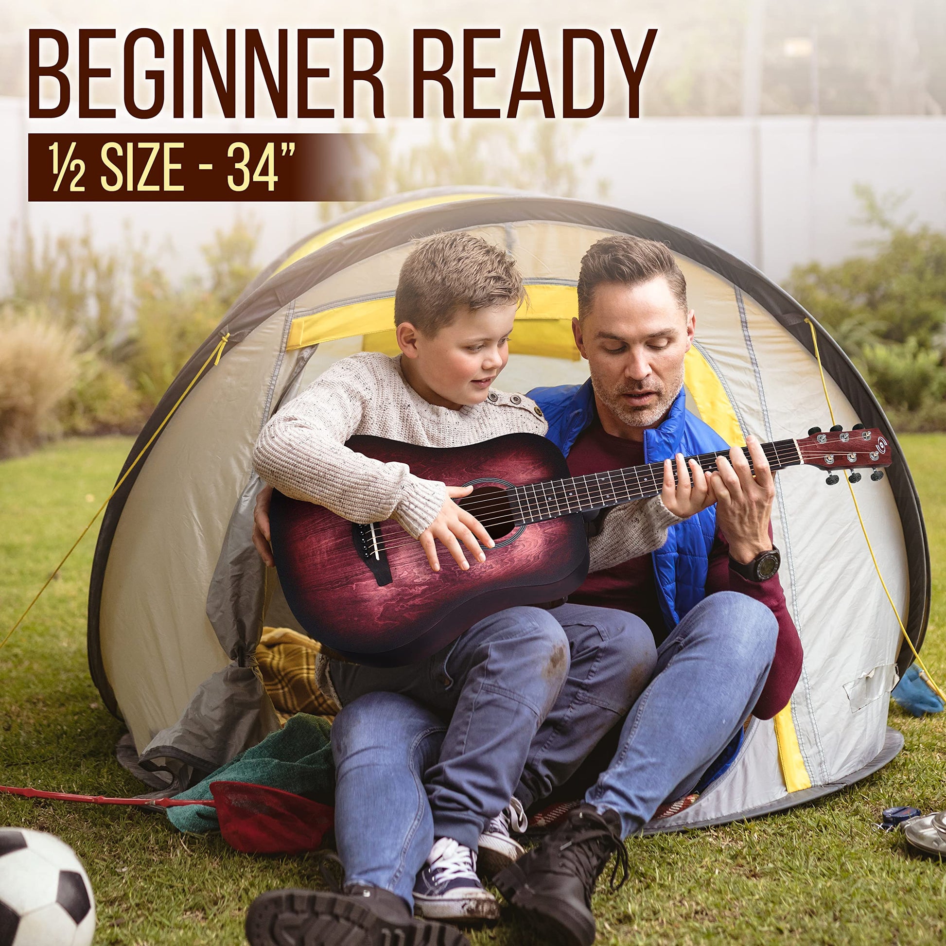 Pyle - Kit de guitarra acústica, 1/2 tamaño junior, instrumento de cuerda de acero de madera para niños principiantes, adultos, 34 pulgadas, color carmesí Burst mate