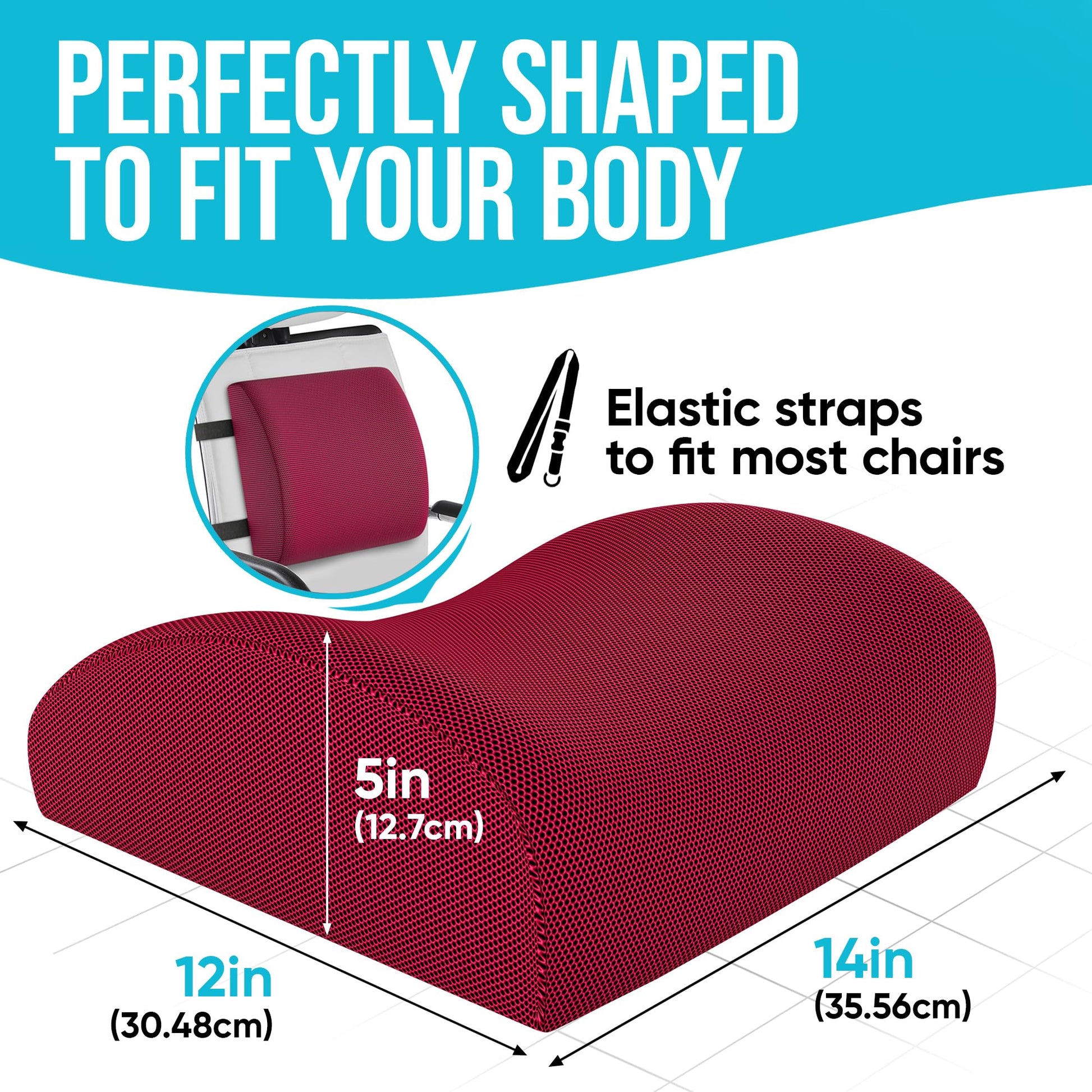 FORTEM Cojín Lumbar de Silla de Oficina, Almohada de Apoyo Lumbar, Cojín Lumbar para Silla de Escritorio, Almohada Viscoelástica para la Espalda, Funda Lavable (Rojo)