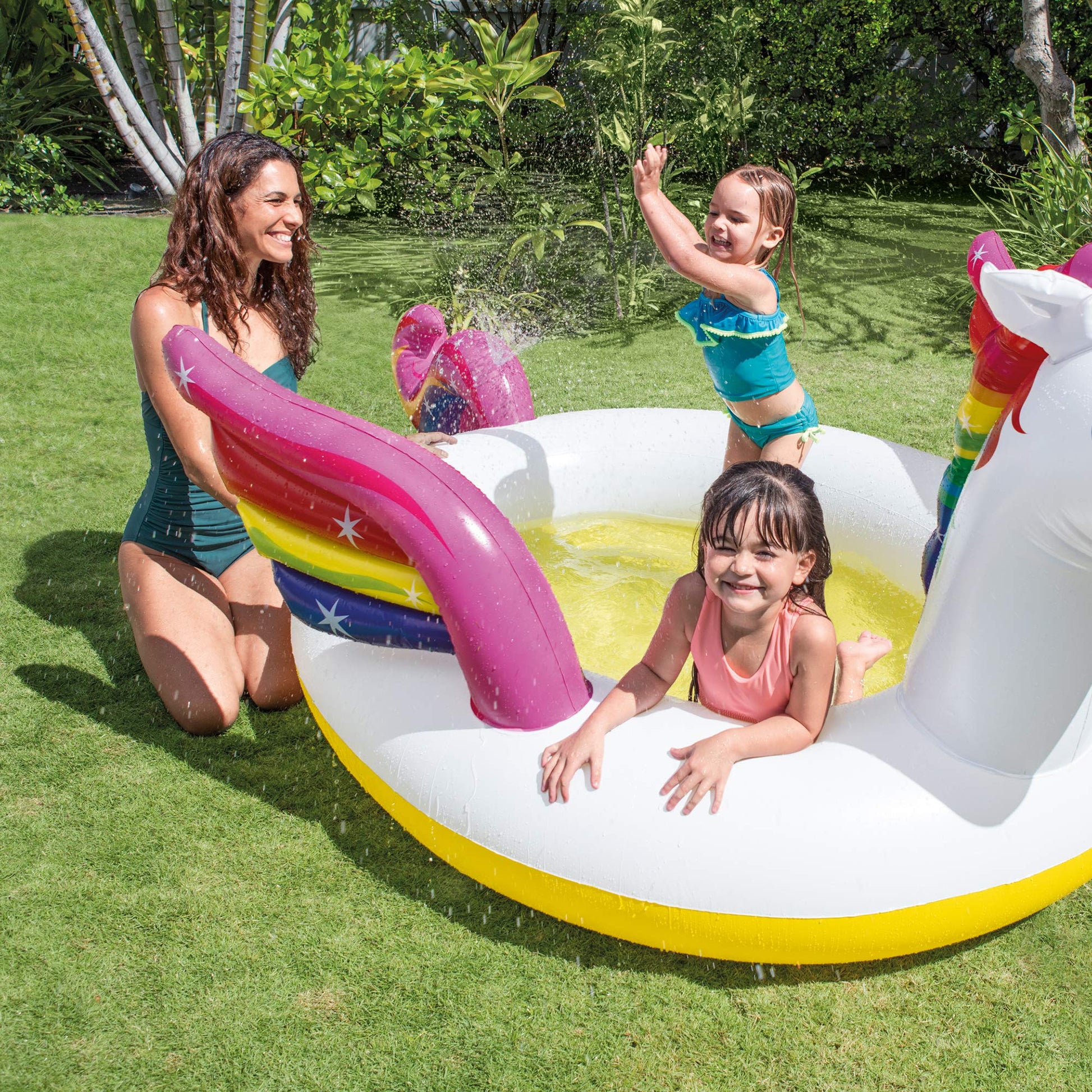 Intex- Inflable de unicornio , para alberca , 107" X 76" X 41", para mayores de 2+